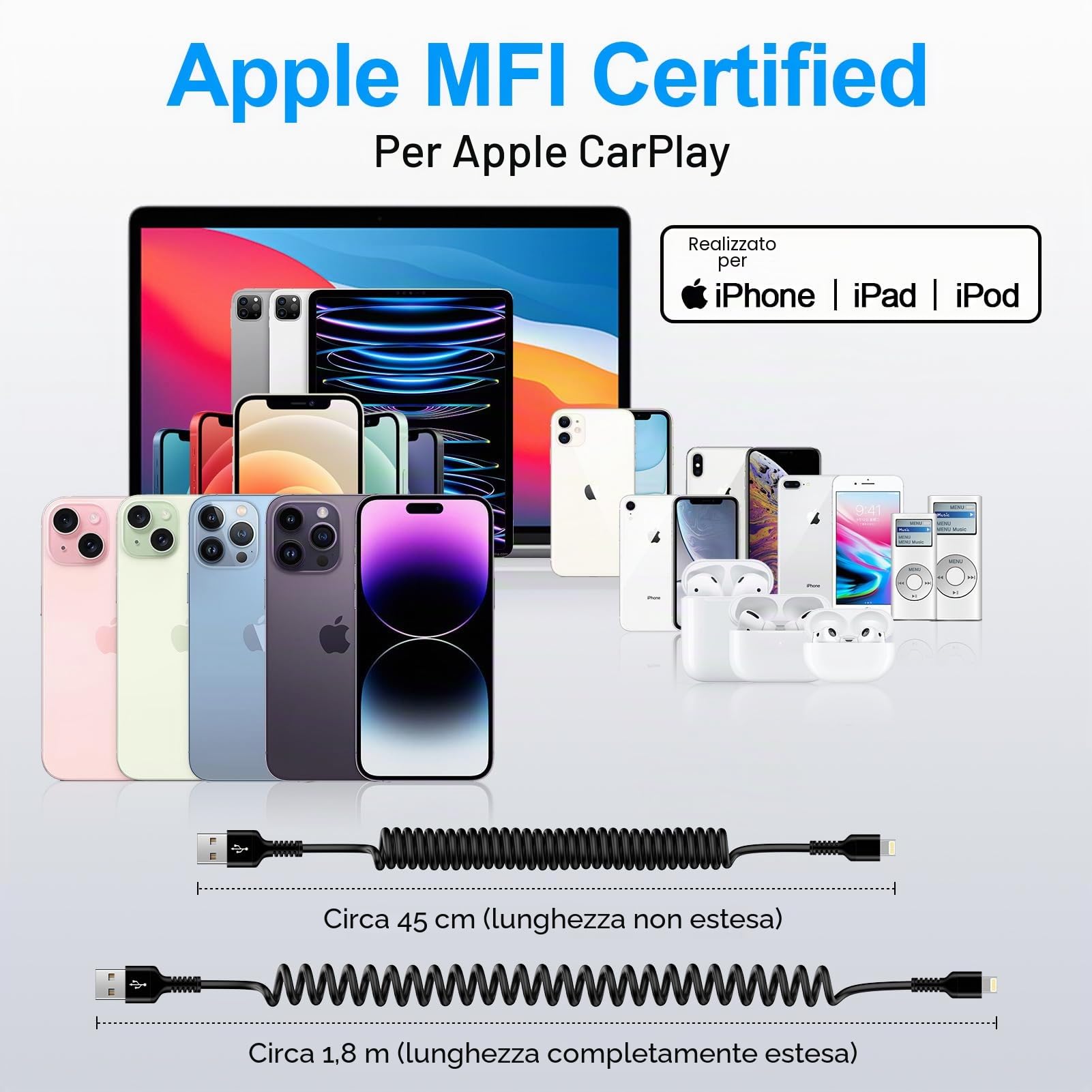 Cavo a spirale USB A a Lightning, [Certificato MFi] Cavo CarPlay per dati, Cavo di ricarica per iPhone Auto USB Lightning Cavo di ricarica rapida per iPhone 14 Pro/14 Plus/14/13/12/11/SE/X/XS/XR/8