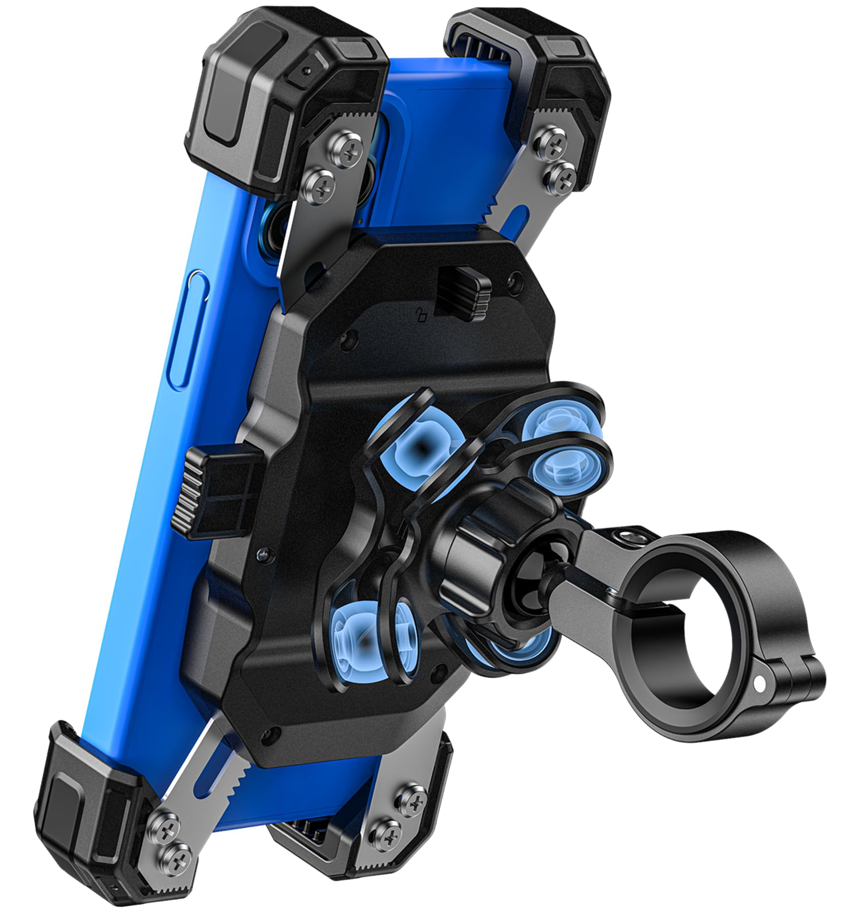 Motorcycle Phone Mount with Vibration Dampener, 1s Lock Bike Phone Holder with Aluminum Alloy Handlebar Mounting Base, One-Hand Operation Motorcycle Cell Phone Holder for 5.5" to 7.2" Phones