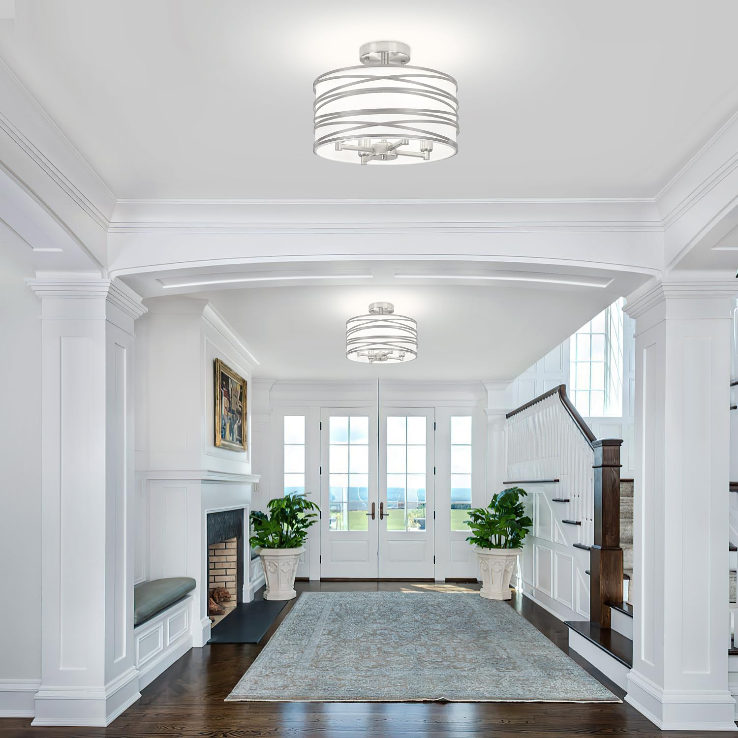 TOULMJ 4-Light Semi Flush Mount Ceiling Light, Brushed Nickel Drum Chandelier with White Fabric Shade, Modern Farmhouse Light Fixtures for Kitchen Island Laundry Room Hallway Dining Room