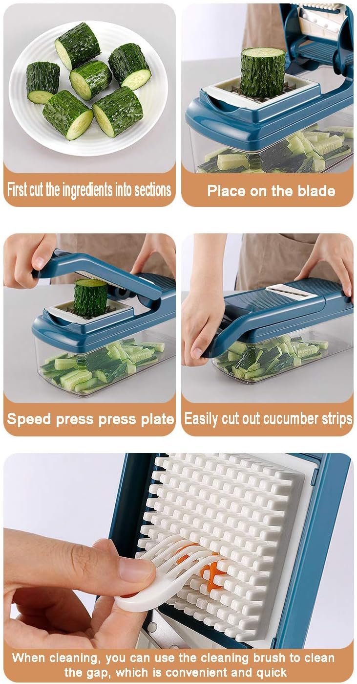 Vegetable Chopper with Container Mandolin Slicer Onion Chopper Cutter Food Chopper with Clean Brush and Hand Guard Manual Vegetable Spiralizer for Tomato Potato Salad Blue 23.5 x 10.5 cm