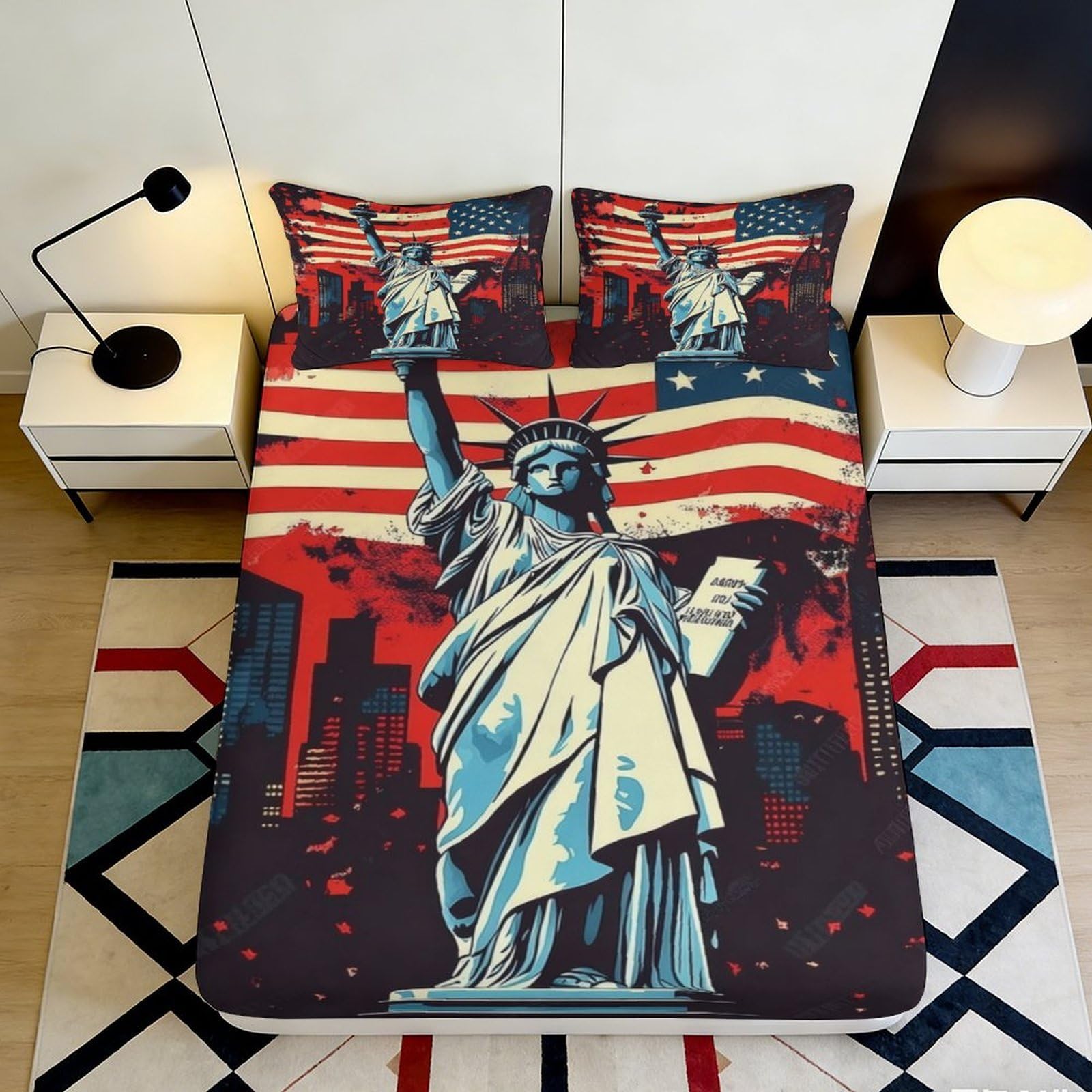3D Printed Statue of Liberty Fitted Sheet Microfiber Soft American Flag Bed Cover for Bedroom Dorm Protection Decor 90x200x25cm