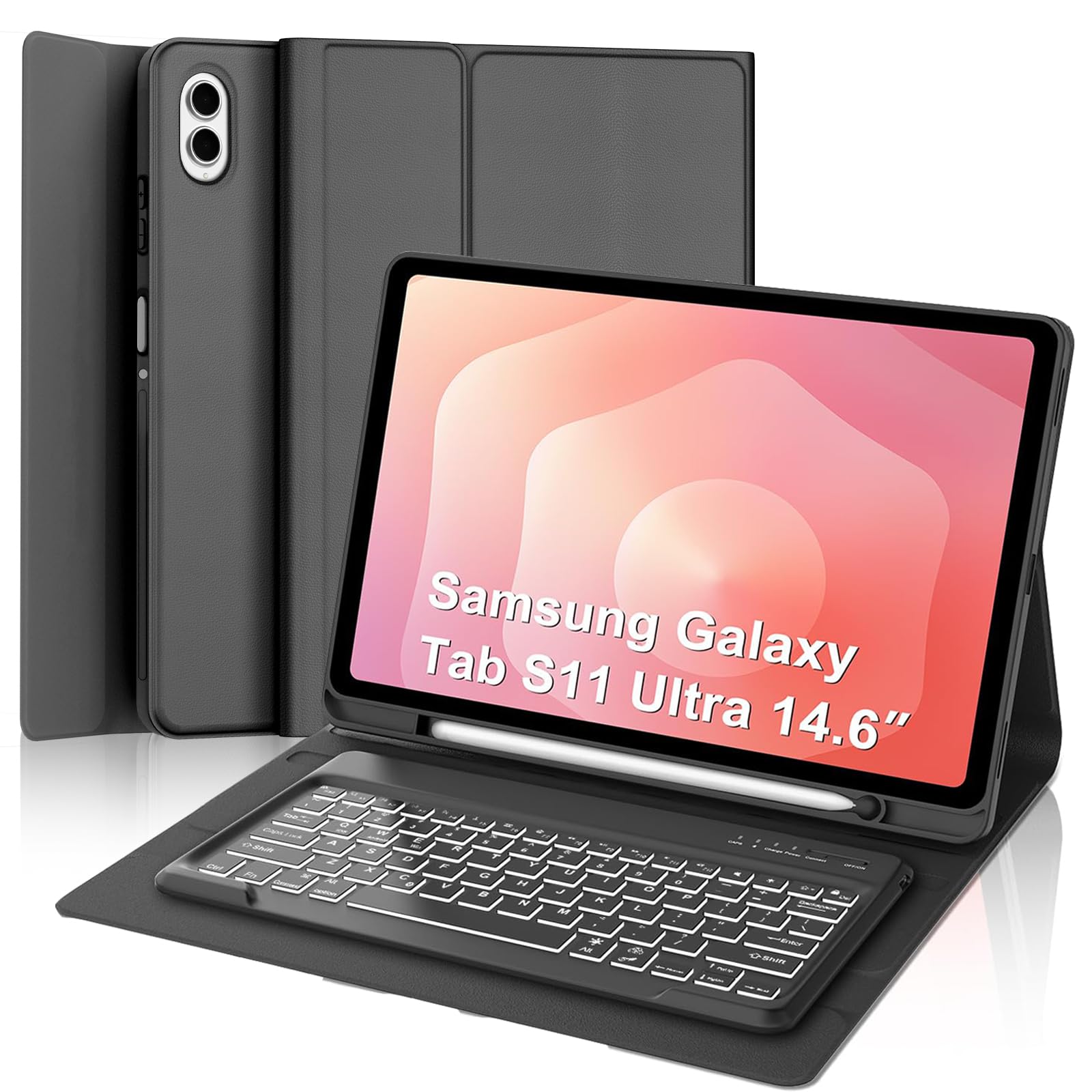 Backlit Keyboard Case for Samsung Galaxy Tab S12 Ultra 2026/S11 Ultra 2025 14.6-Inch, Galaxy Tablet S12 Ultra Folio Case Keyboard with S Pen Holder, 7-Color Backlight Keypad for Samsung Tab 14.6''