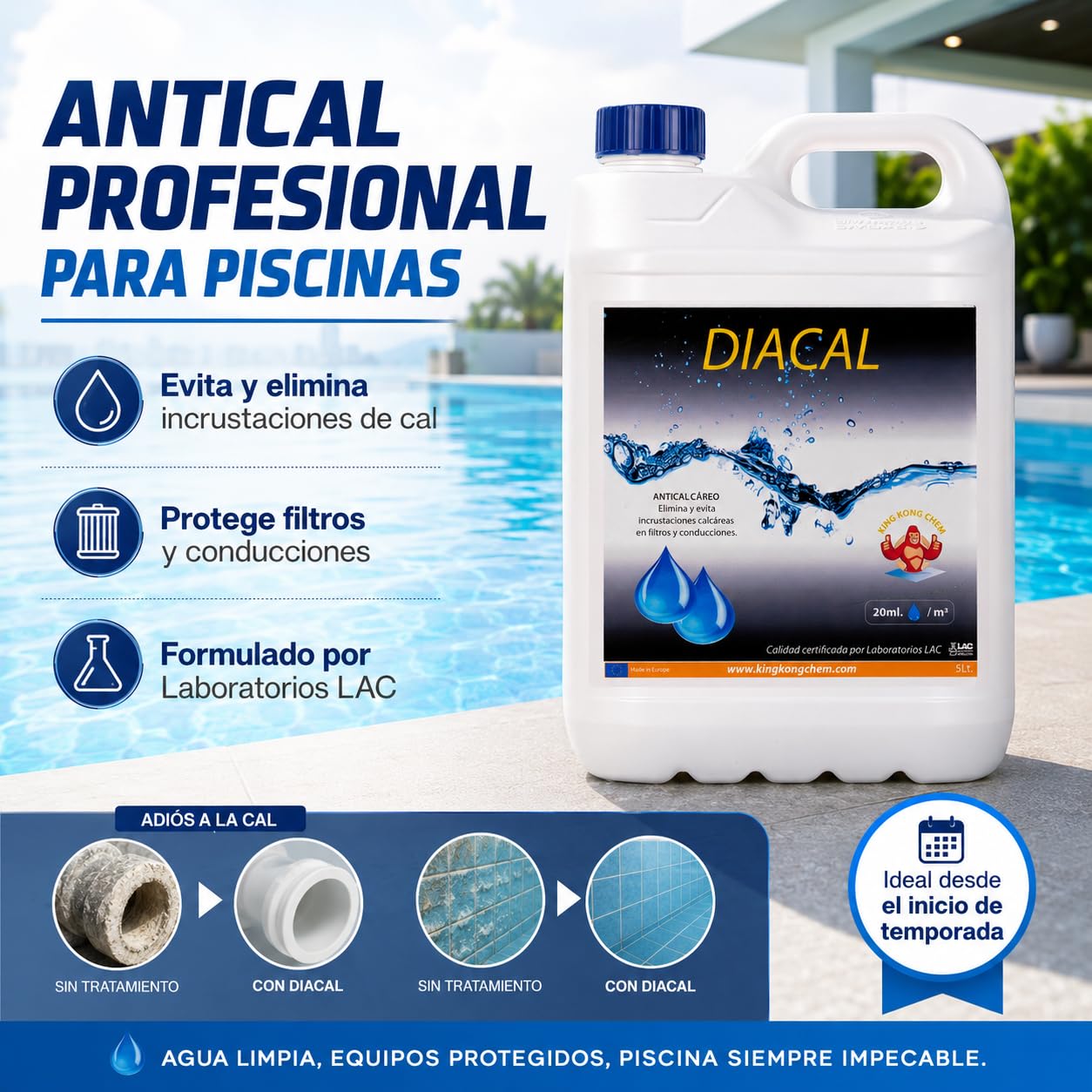 DIACAL 5 LITROS Anticalcáreo y Anti-Incrustante Filtros y Conducciones Piscinas 5 litros - Previene Corrosión - Evita y Elimina Incrustaciones Calcáreas