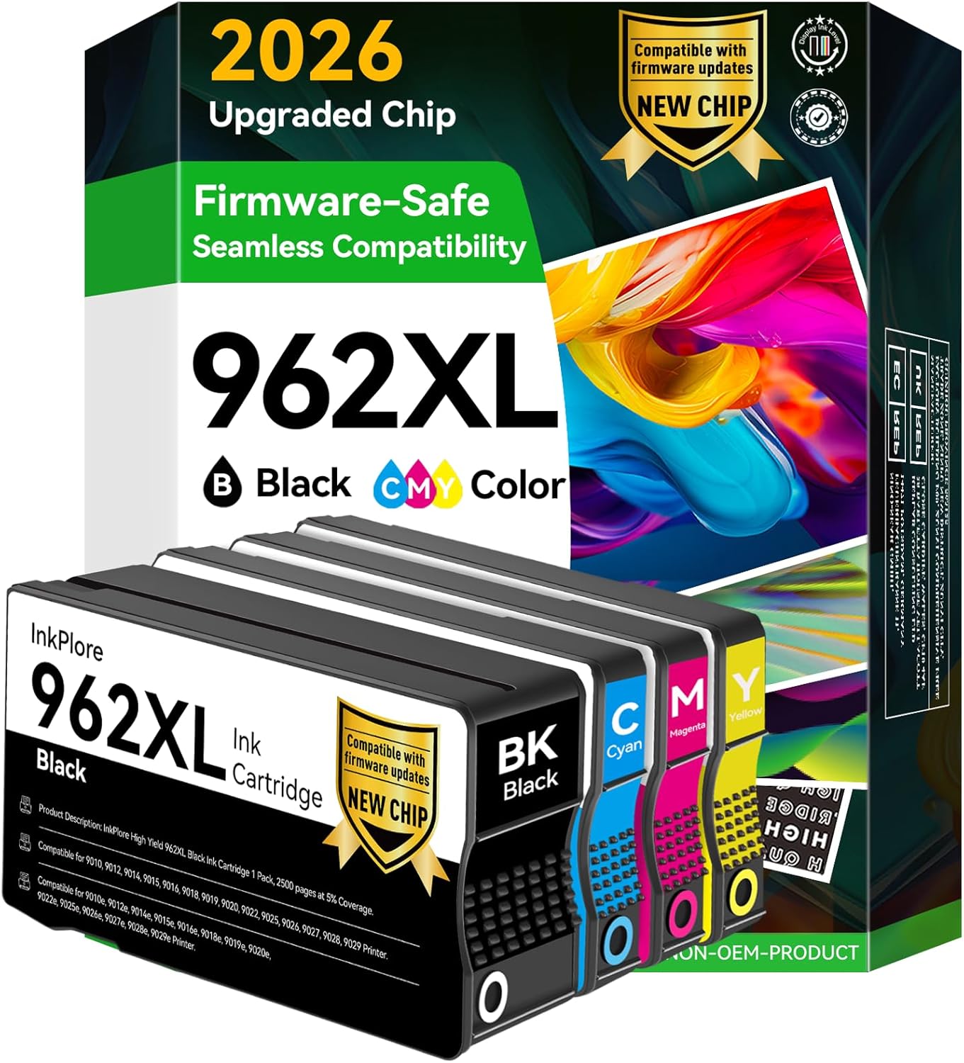 Upgraded Chip 962XL Ink Cartridges Combo Pack Compatible for HP 962 Ink Cartridges, Work with OfficeJet Pro 9015e, 9018e, 9010, 9025e, 9015, 9020, 9018 Printer, 1 Black 4 Color