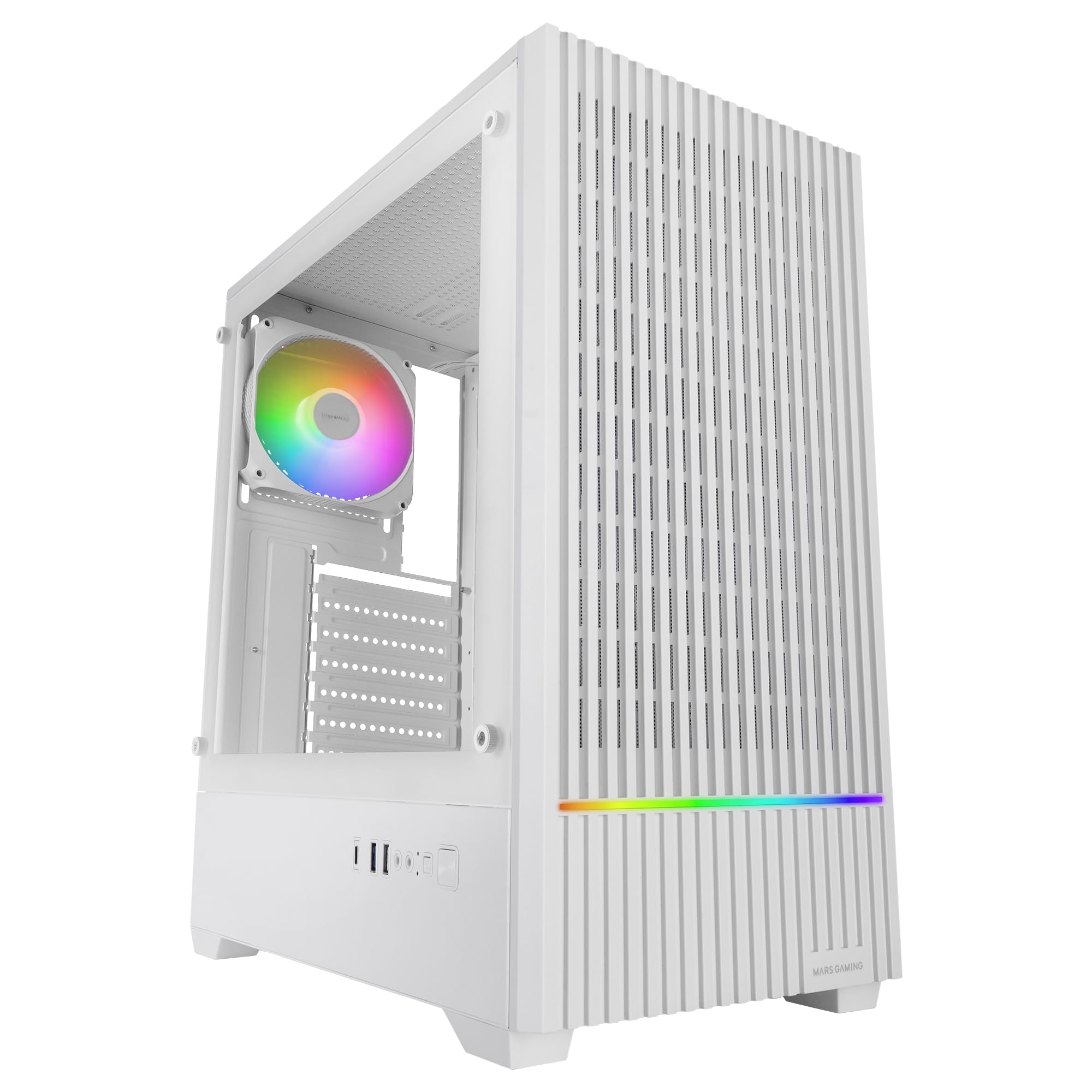 Mars Gaming MC-Quantum, Caja PC Gaming ATX, Frontal Mesh con Tira LED ARGB, Cristal Templado Lateral Completo, 4X Ventiladores FDB 120mm, Soporte Refrigeración Líquida hasta 240mm, USB-C, Blanco