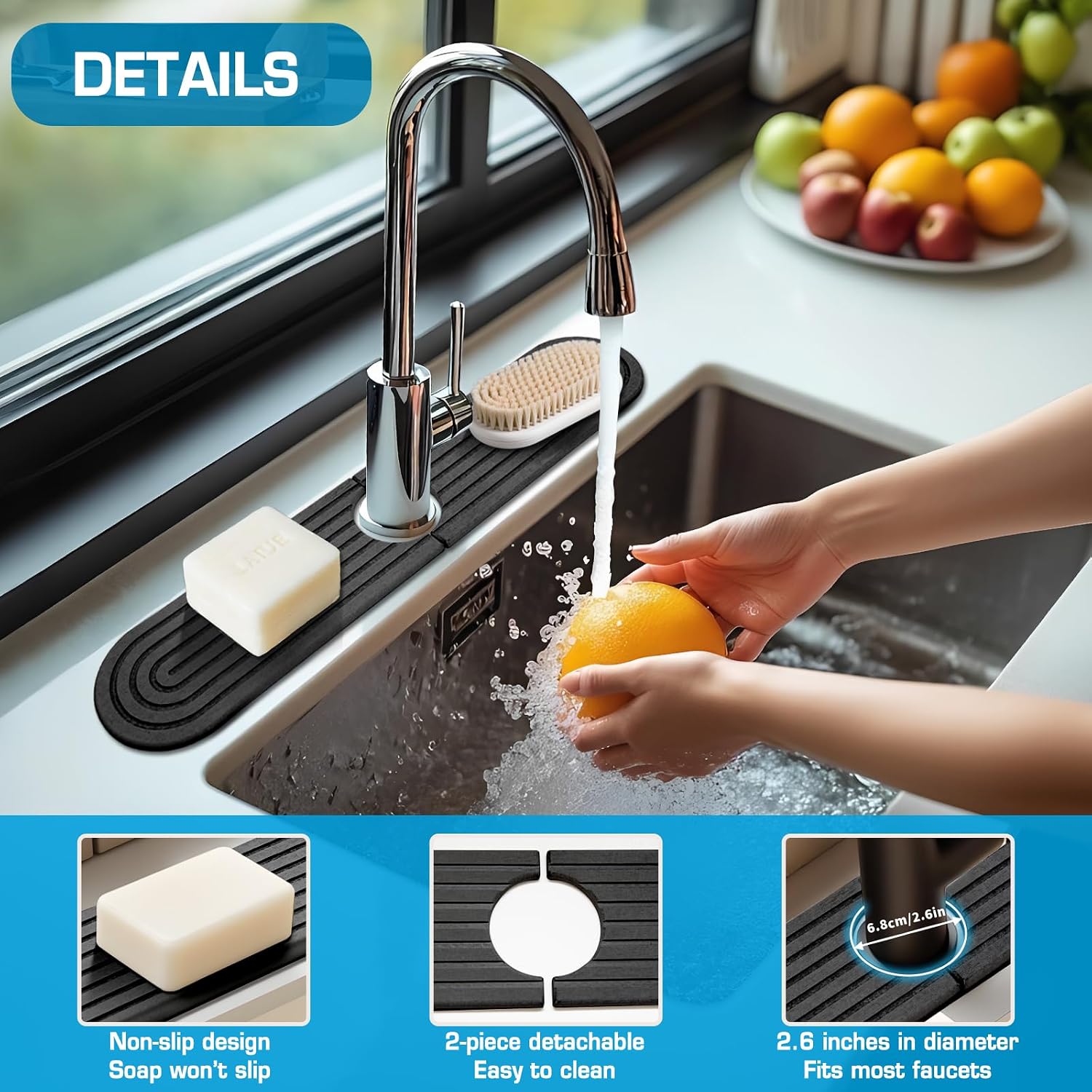 Self-Drying Stone Tray For Kitchen Sink,15.7" Water Absorbing Natura Diatomite Faucet Mat,Splash Organizer For Soap Dispenser,Sponge & Brush,Bathroom Vanity Rv Countertop Protector (Dark Gray-Oval) image 4
