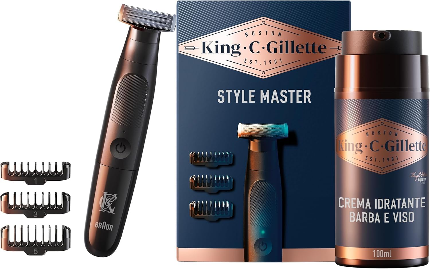 King C. Gillette Style Master, Regolabarba Uomo Senza Fili Per Regolare, Rifinire E Radere La Barba Incolta Con Lama 4D E Crema Idratante Barba E Viso Con Complesso Di Vitamina B3 E B5 100 ml