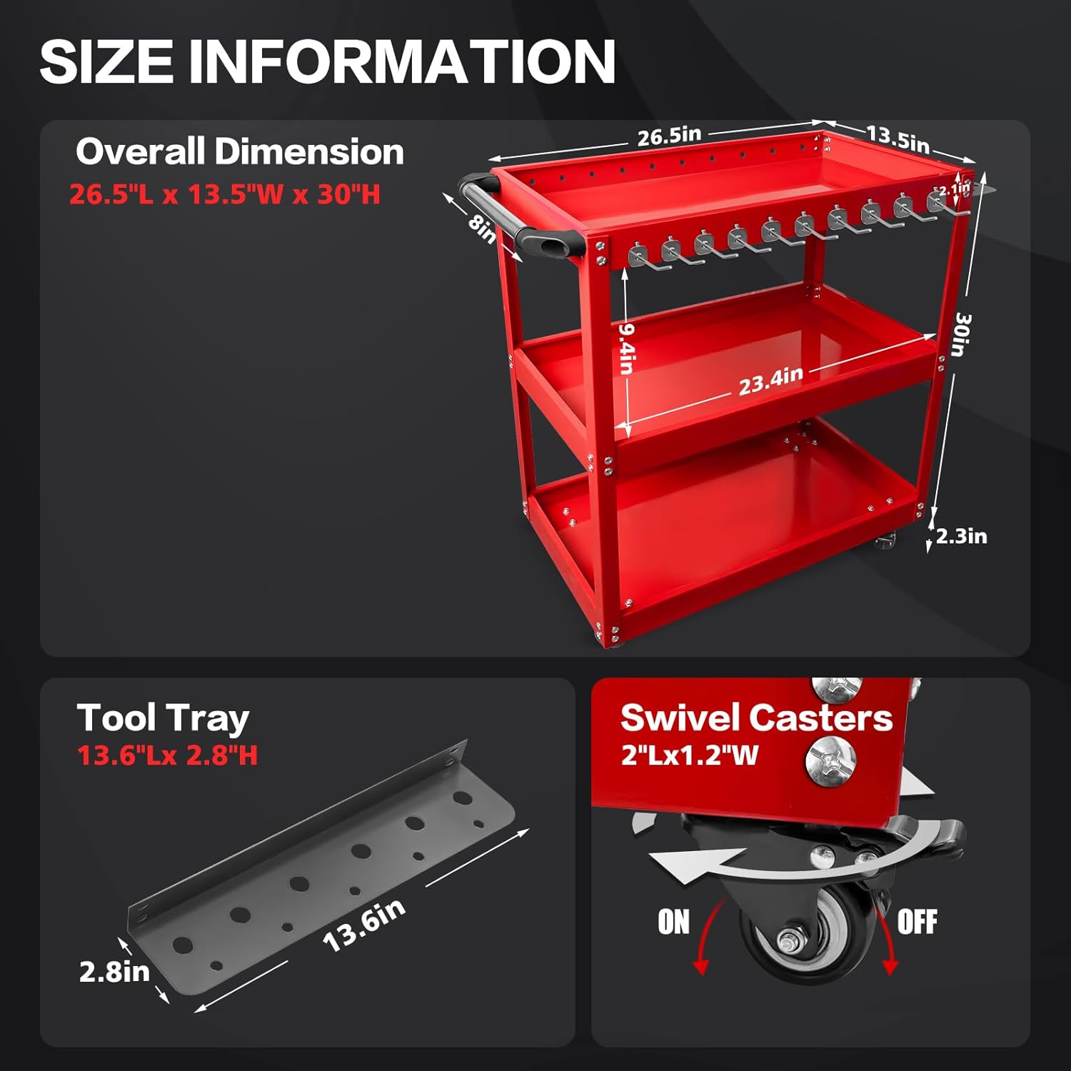 3-Tier Rolling Tool Cart, Metal Rolling Cart with Side Hooks Wheels, 330LBS Heavy Duty Utility Carts, Handle Rolling Mechanic Tool Cart Storage Organizer for Warehouse Garage
