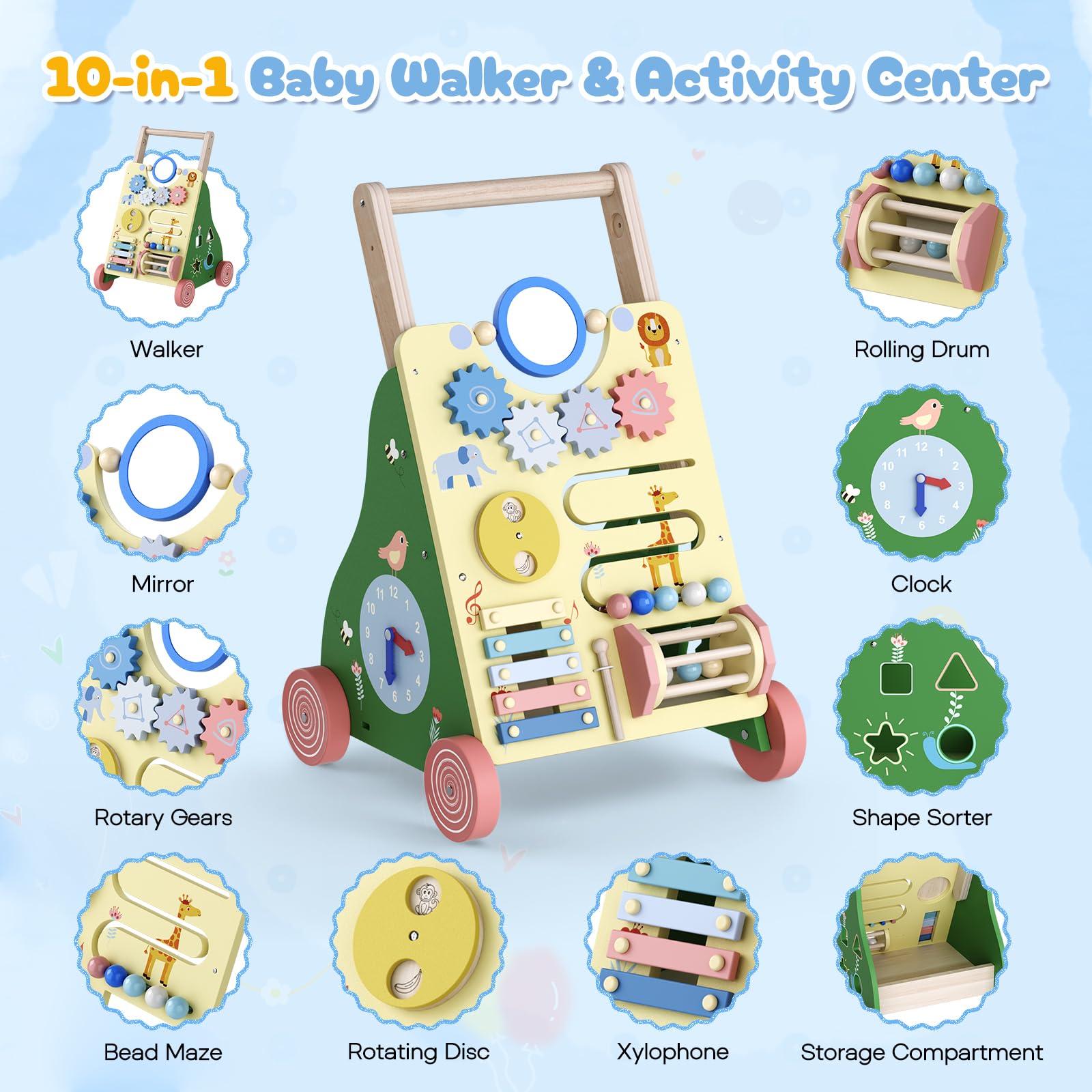 Holz-Lauflernhilfe mit 10-in-1 Motorikspielcenter, höhenverstellbarer Schiebegriff, Formsortierer, Xylophon, Rolltrommel und Staufach – Lauflernwagen aus holz für Jungen und Mädchen - 4
