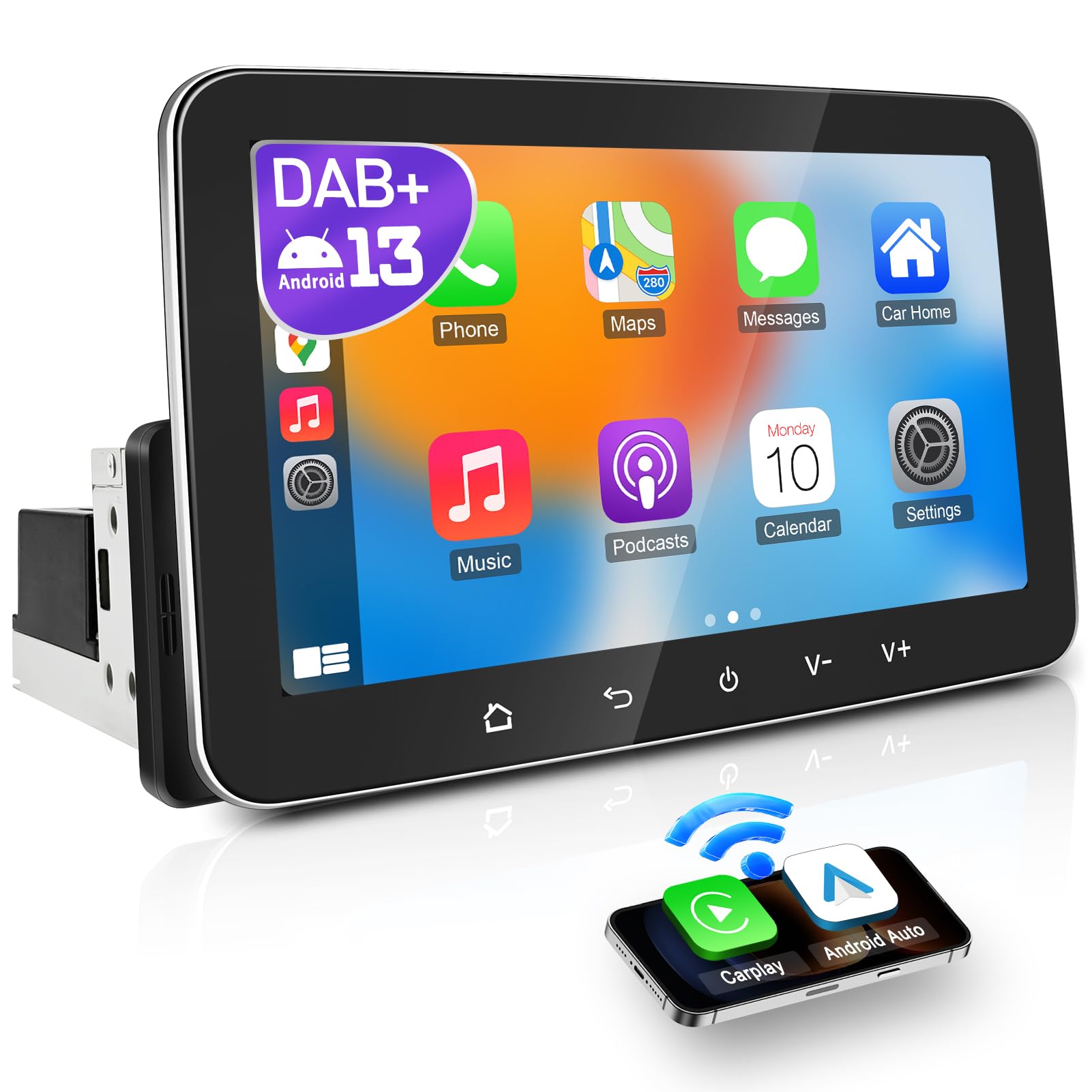 PORMIDO Autoradio con schermo DAB+, 7 pollici 1 DIN Android 13 Apple CarPlay Android Auto Touch Screen Display Wireless Car Play Radio con Bluetooth WiFi Navi MirrorLink FM RDS GPS SWC USB EQ