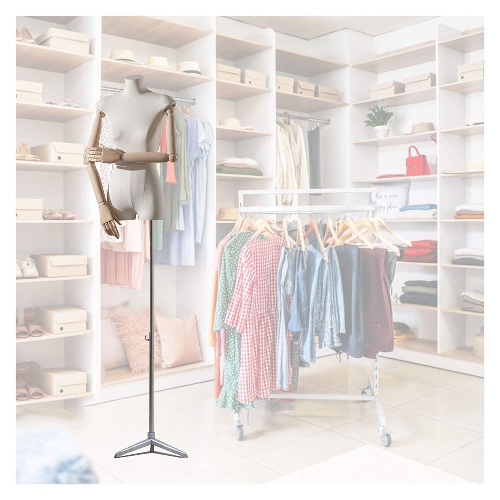 ITOSUI Adjustable Female Mannequin Torso with Solid Wood Arms - Tailor's Dummy Dress Form for Clothing Display, Jewelry Shops & Retail Stores - Height Adjustable Fashion Model for Boutique Display