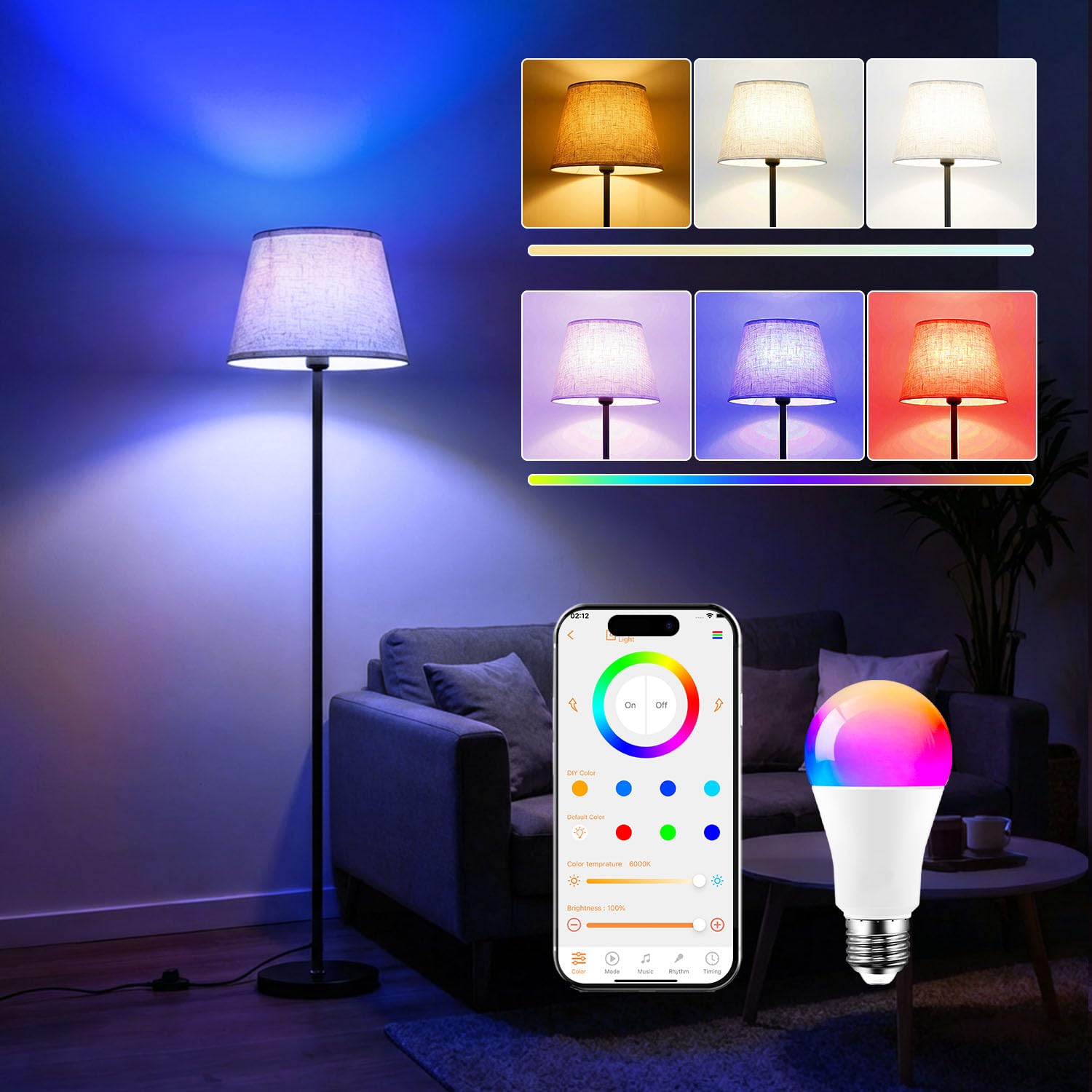 Intelligente LED Stehlampe Wohnzimmer Dimmbar RGB mit Fußschalter und App-Steuerung, 16 Millionen Farben, 152cm Moderne Stehlampe mit Glühbirne, 2700K-6000K, CRI92, 10W 1200LM für Schlafzimmer & Büro