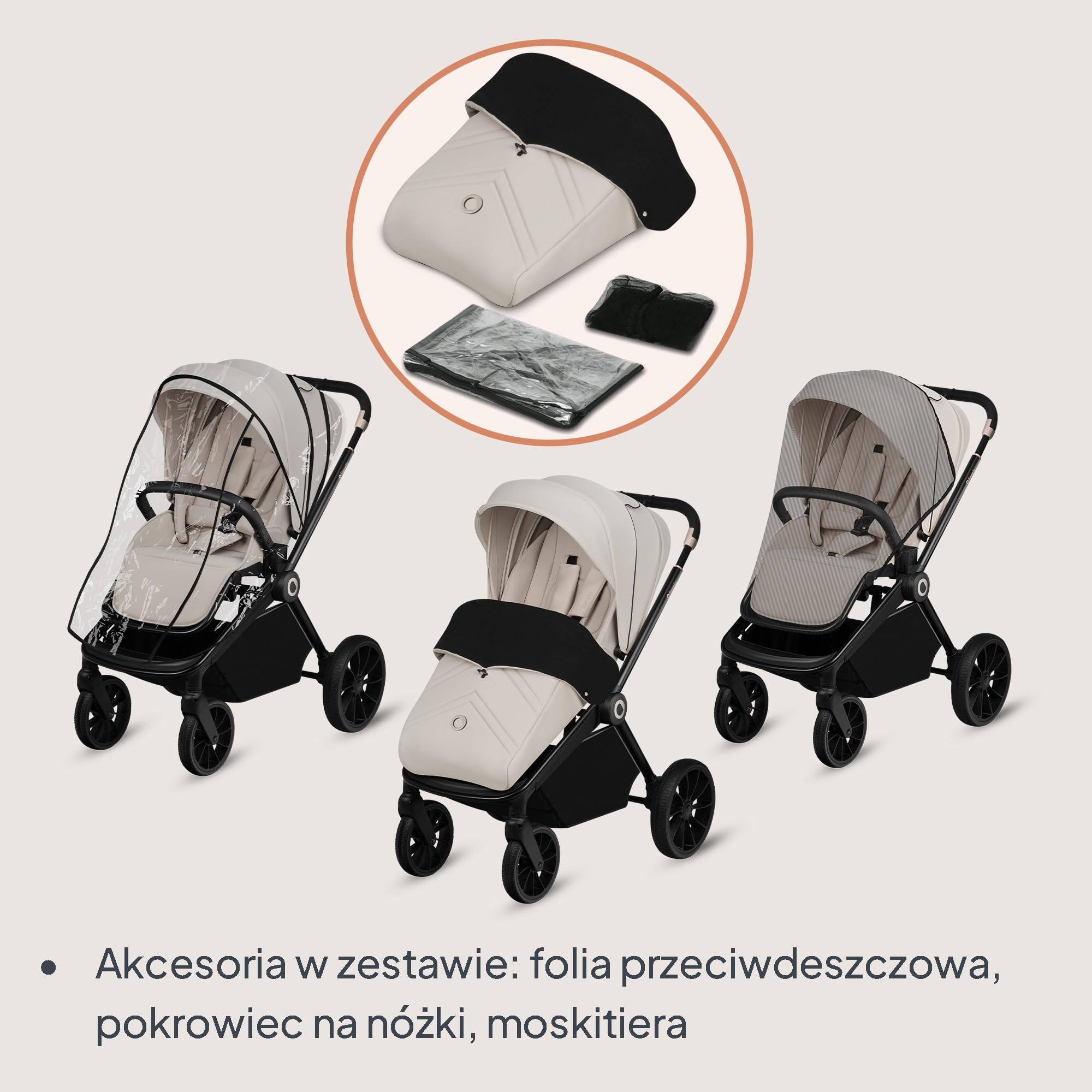 LIONELO MIKA PLUS 3 w 1 Wózek Spacerowy Dziecięcy 0-48 miesięcy do 22 kg Gondola do 9 kg Fotelik Samochodowy Nosidło do 13 kg, Regulacja Oparcia, Amortyzacja, Koła 360° Budka XXL (Beżowy) | Od 0 do 48 miesięcy, do 22 kg, gondola do zawieszenia, kółka 360°