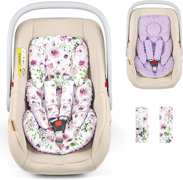 Infant Car Seat Insert Head and Body Support, GFU Reversible Newborn Insert for Carseat With Strap Pads, Soft Stroller Cushion Pillow Insert for Boys and Girls, Fits for Stroller, Swing, Purple Flower