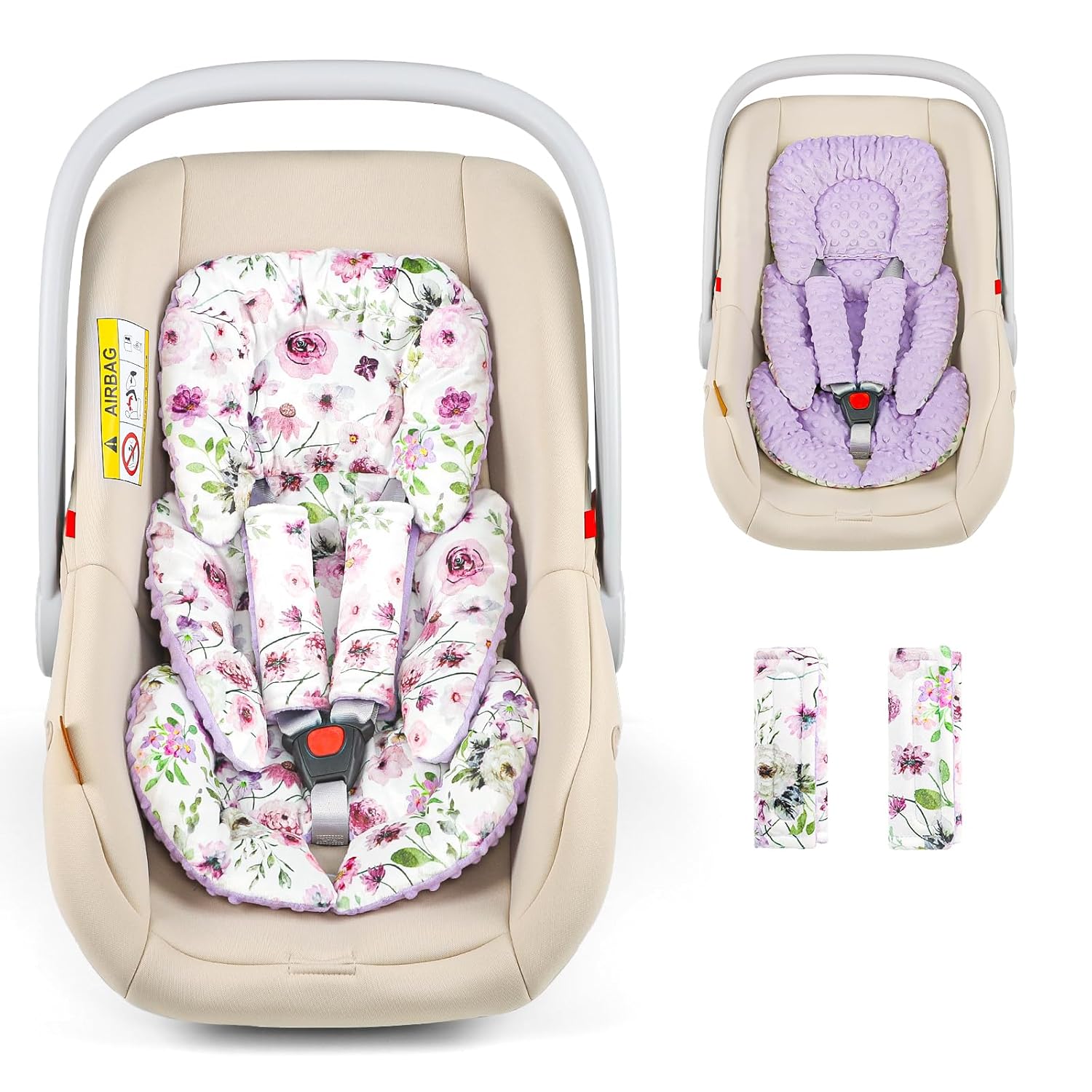 Infant Car Seat Insert Head and Body Support, GFU Reversible Newborn Insert for Carseat With Strap Pads, Soft Stroller Cushion Pillow Insert for Boys and Girls, Fits for Stroller, Swing, Purple Flower