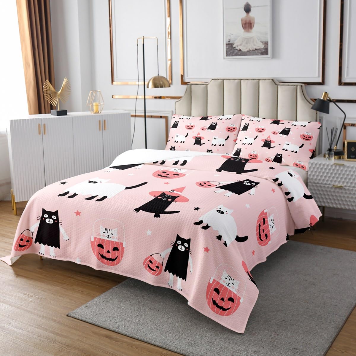 Erosebridal Kids Cute Ghost Cats Bedspread Set Queen Happy Halloween Pumpkin Quilt Set Gifts for Girls Teen,Black White Halloween Kitten Coverlet Set Pink Halloween Bedding Set 2 Pillow Cases