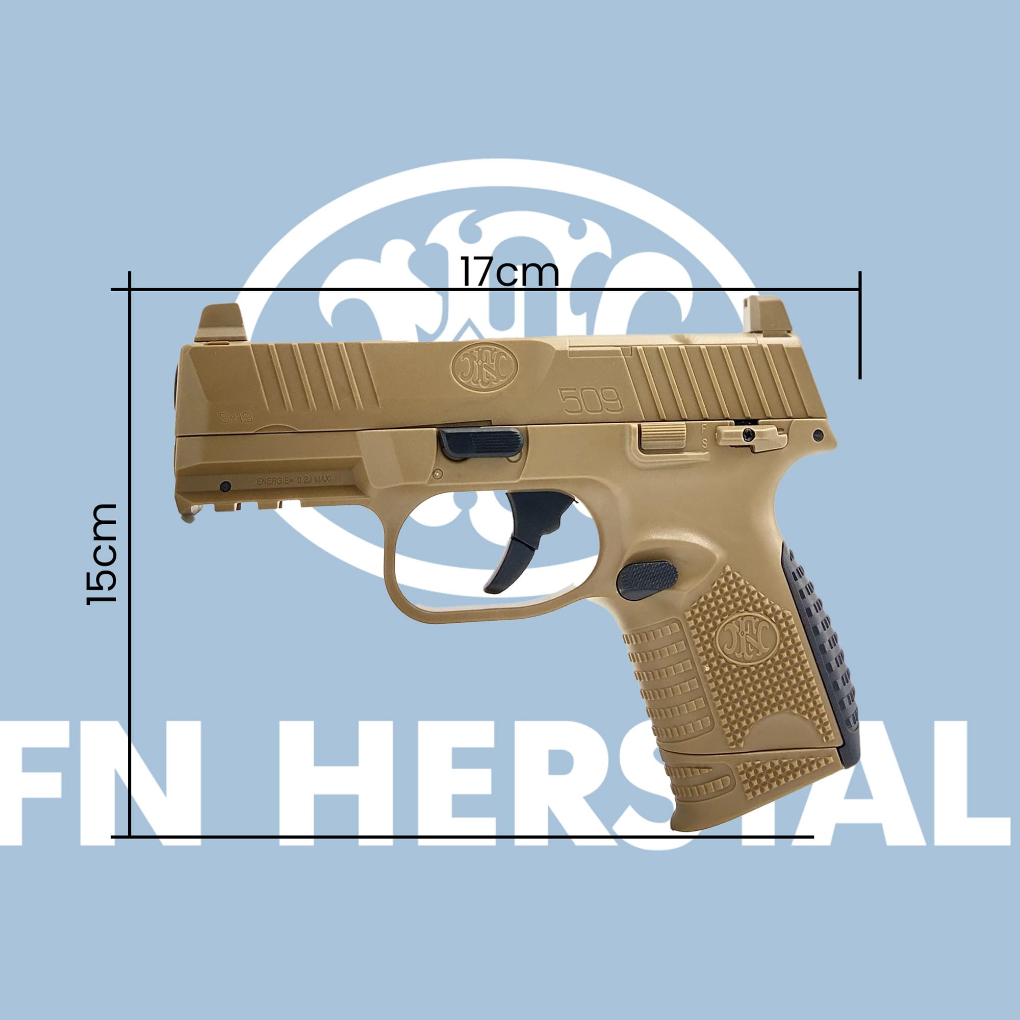 Confezione Pistola a Pallini Airsoft FN Herstal 509 Compact MRD FDE Spring/Materiale: plastica ABS/Potenza 0,2 Joule/Fornita con Accessori