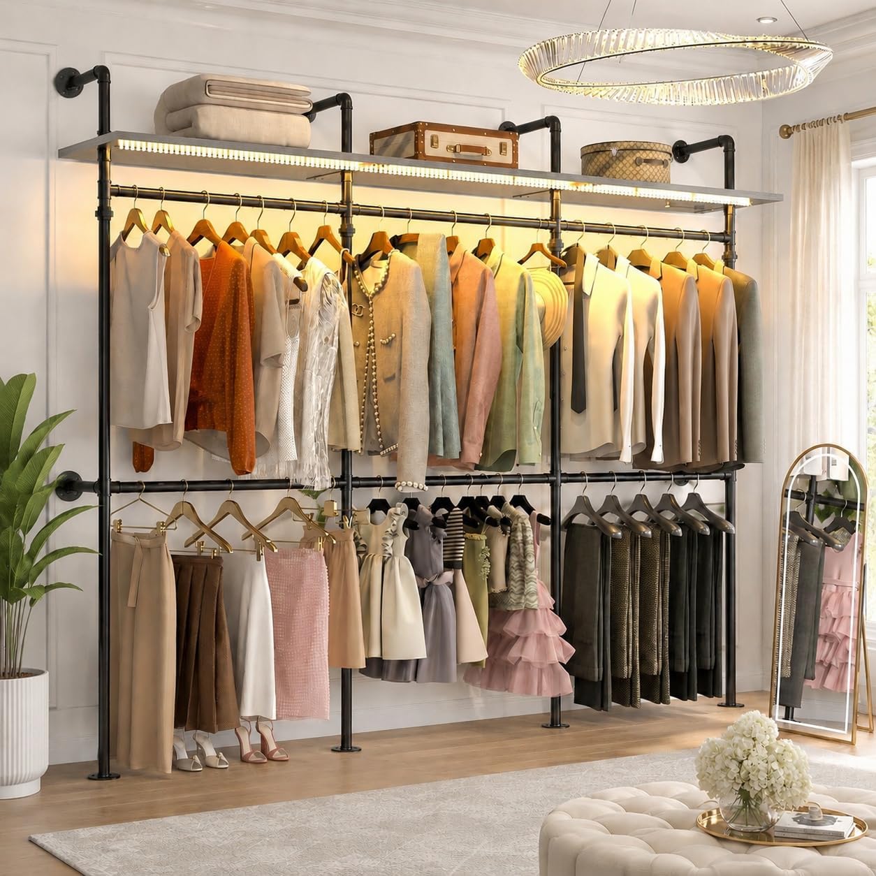 Cyclysio 118.3" Industrial Pipe Clothing Rack with LED Lights and Shelves