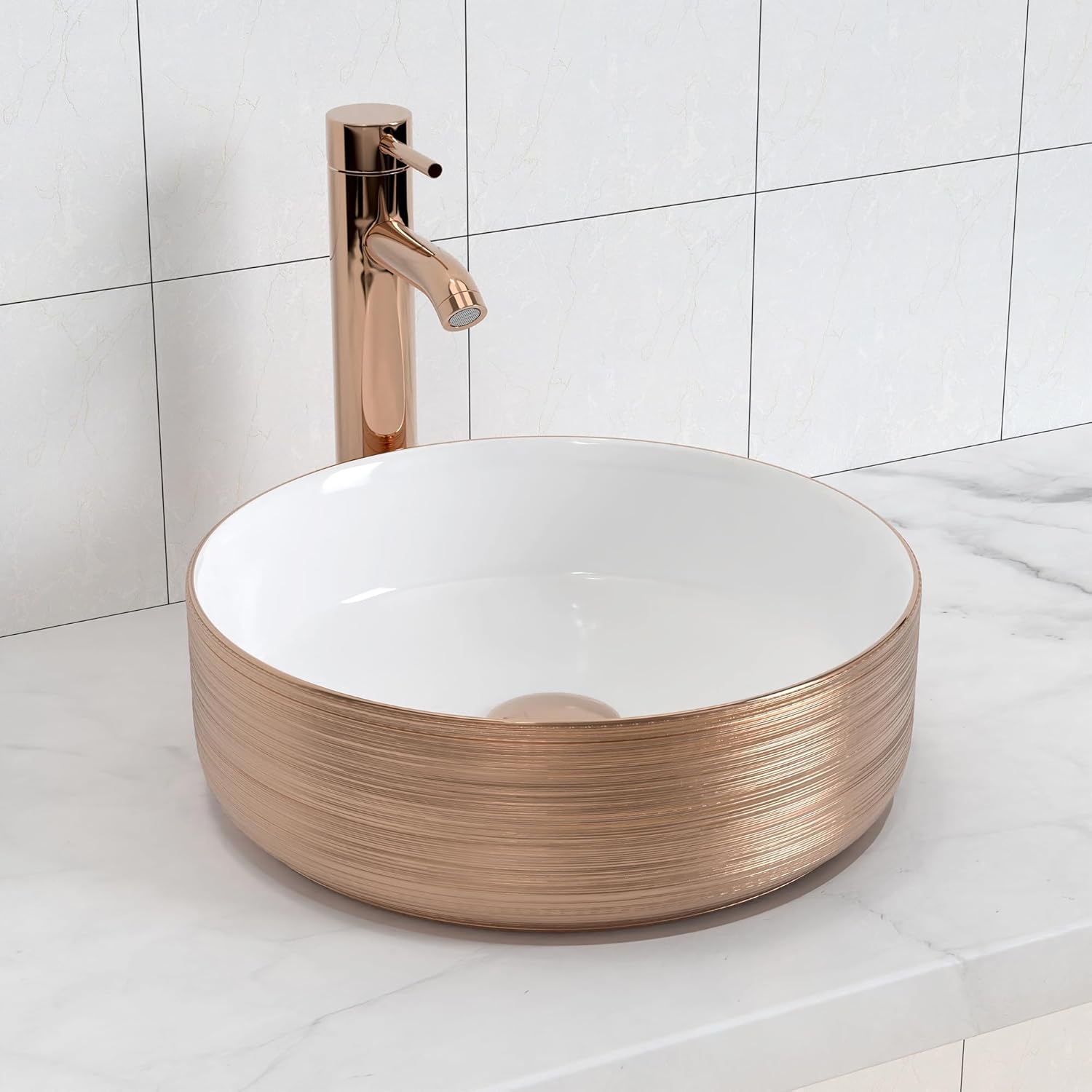 J-FAMILY Bathroom Countertop Ceramic Vessel Sink Vanity Artistic Wash Basin Brushed Texture Rose Gold Decoration Round Sink Bowl,14.2''