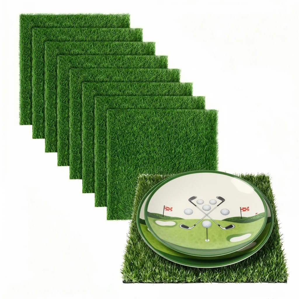 Photo 1 of XLX TURF 8 Pack Artificial Grass Square Mats, 12"x12" Fake Grass Placemats to Match Table Runner for Golf Football Summer Party Table Centerpiece, Turf Patch for Crafts