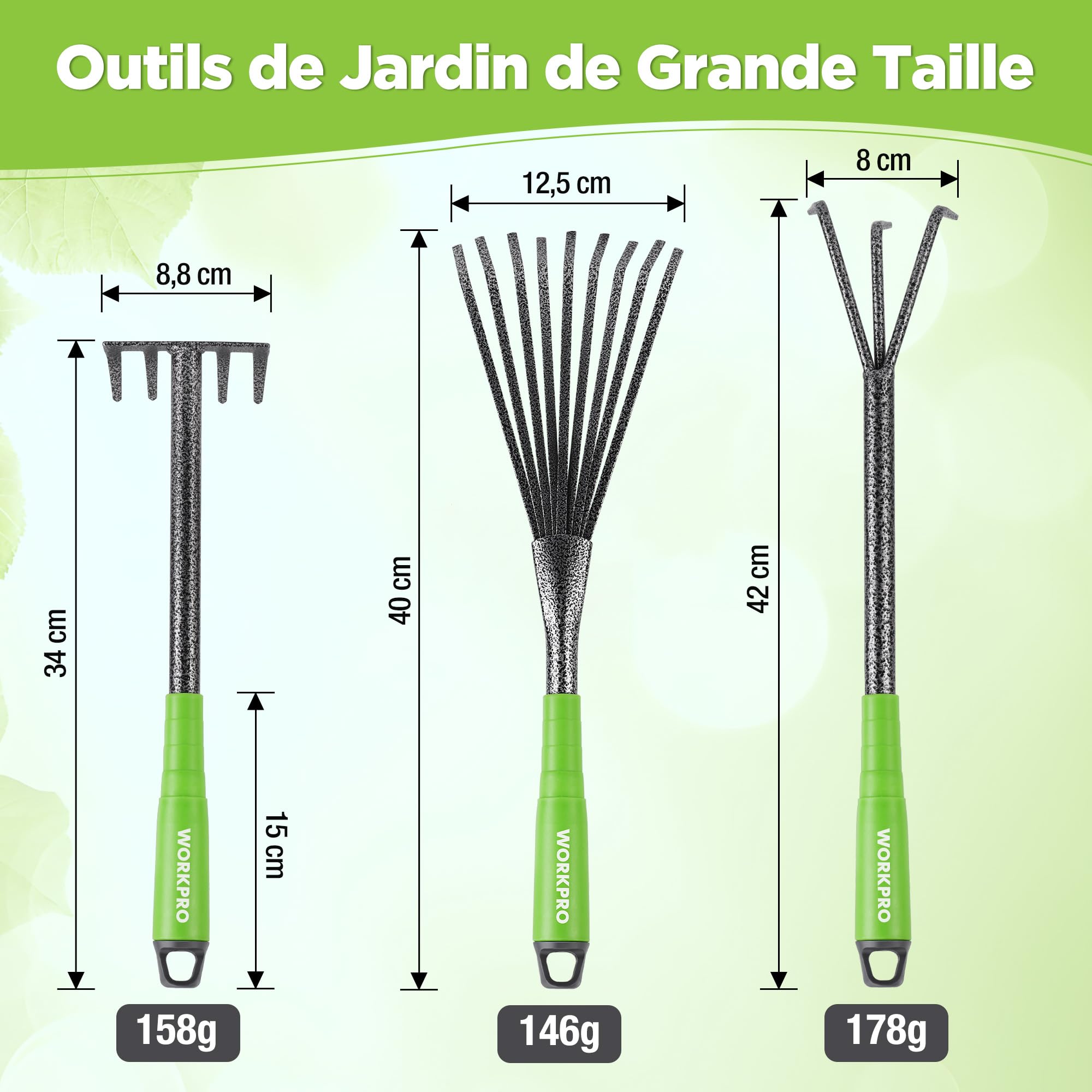 WORKPRO Outils de Jardinage 6 Pièces, Kit d'outils de Jardin en Acier Inoxydable avec Houe 2-en-1, Treulle, Râteaux, Couteau Désherbeur, Finition Martelée, pour Taille et Entretien, Cadeaux de Jardin