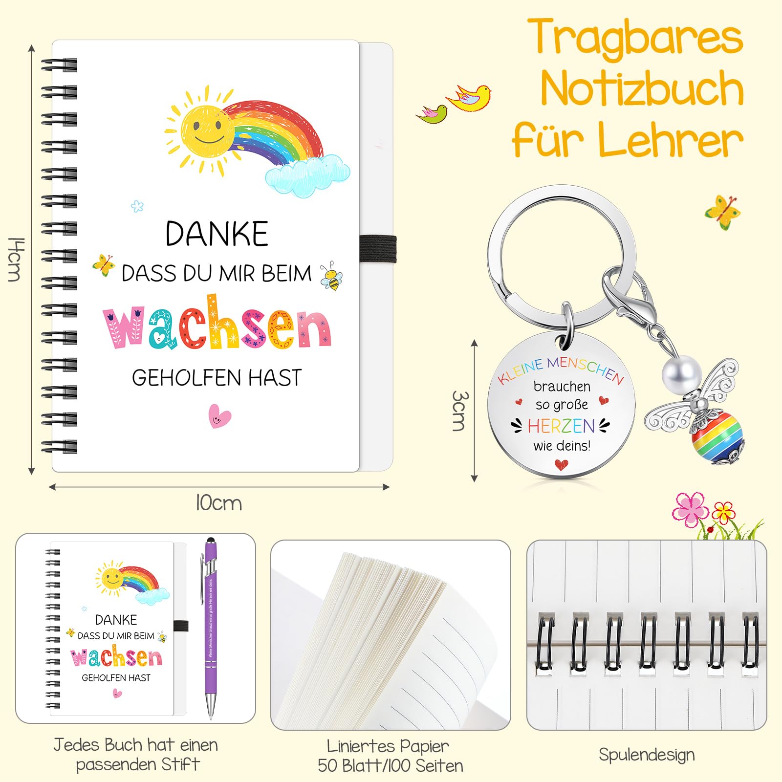 Sinmoe 8 Set Regalo de Agradecimiento para el Profesor Mujer Bloc de Notas en Espiral Inspirador Bolígrafo Cuaderno Rayado Llavero de Ángel de la Guarda Arcoíris Regalo Despedida para Educador