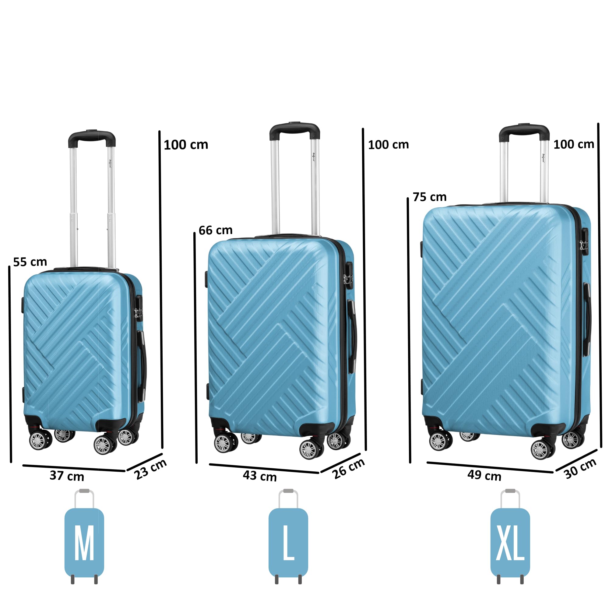 Zelsius Set di valigie 3 pezzi, blu acciaio | Valigia rigida in ABS con chiusura a combinazione, Ruote doppie e divisorio interno