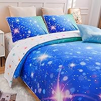 Vista 9 de A Nice Night Juego de ropa de cama de 6 piezas con purpurina degradada para niñas, juego de edredón colorido de galaxia arco iris, juegos de ropa