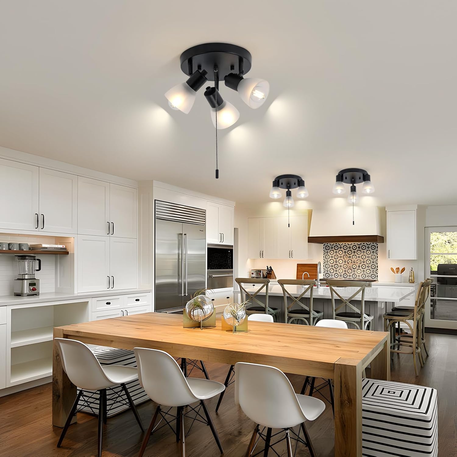 KEESFU 3-Light Black Pull Chain Track Lighting, Adjustable Multi-Directional Ceiling Light Fixture with Glass Shades, Flush Mount for Kitchen Island, Dining Room, Hallway E12 Base (No Bulbs)