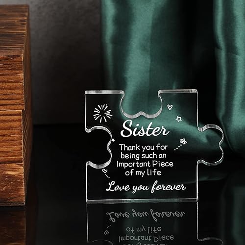 Miniatura 5 de Funnli Placa acrílica para rompecabezas de hermana de parte de la hermana, ideas de regalo de cumpleaños para hermana, decoraciones de escritorio de