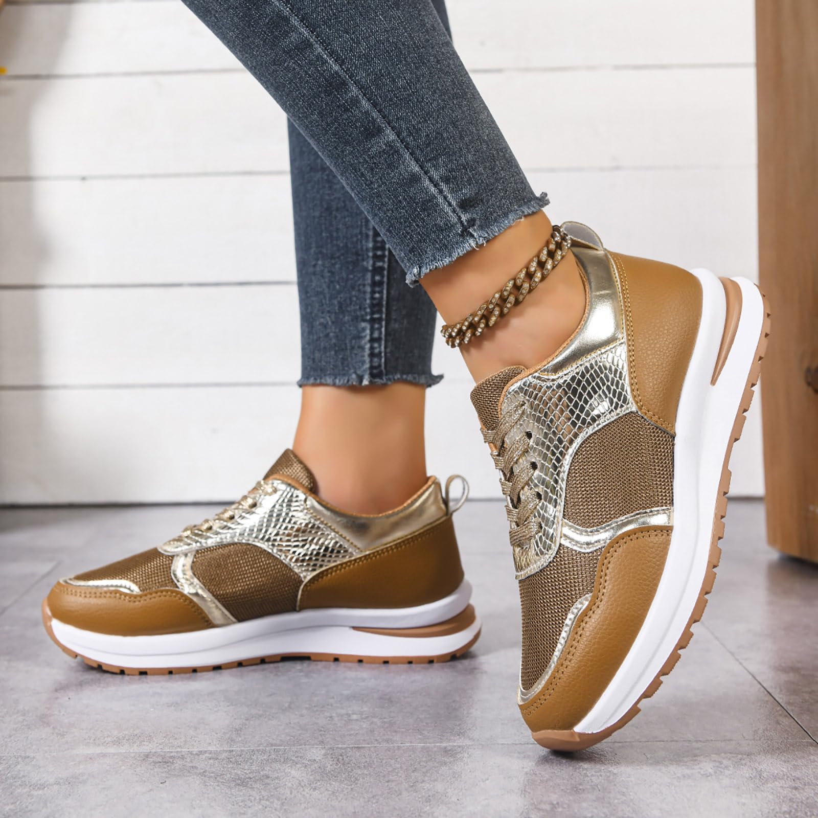 Genérico Zapatillas Deportivas Casuales Mujer Piel Sintética con Parches, Suela Suave Planas Punta Puntiaguda Cómodas