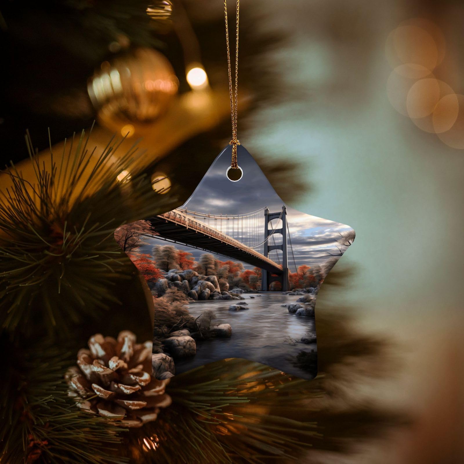 Christmas Ornaments for Christmas Tree Decoration Hanging Scenery Bridge Ornament with Gold Ribbon Crafts Star Shape Ceramic Pendant for Keepsake Gifts Xmas Decor Party Supplies