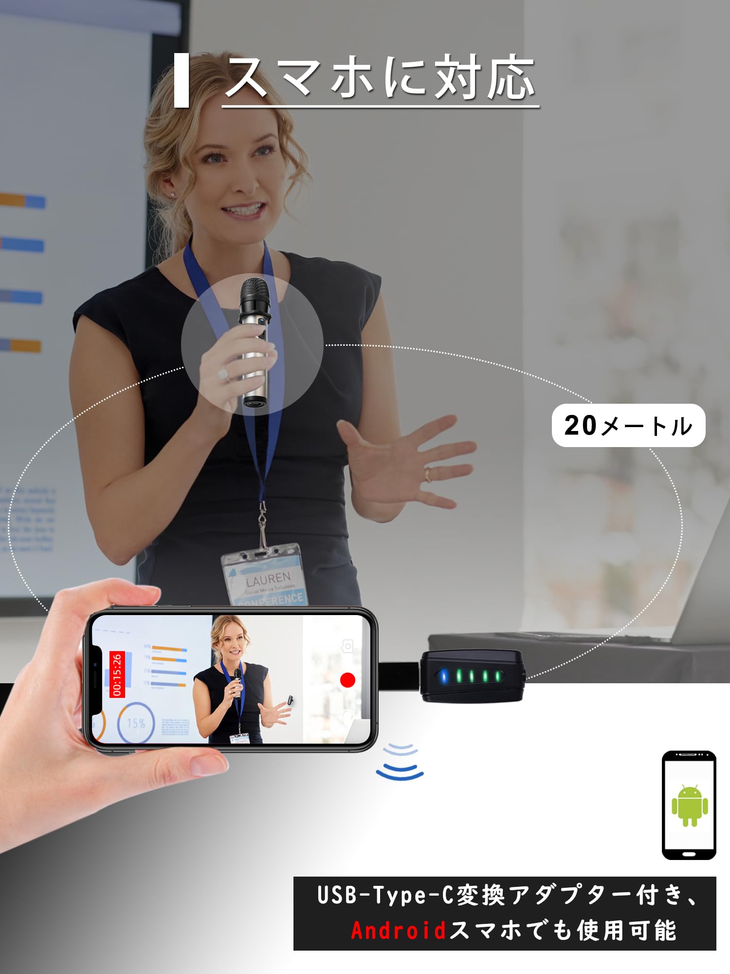 Alvoxcon Micrófono Inalámbrico USB para iPhone y PC - Doble Mic Recargable UHF de Mano, Compatible con Android, MacBook, Laptop, Altavoces PA - Ideal para Conferencias, Streaming, Podcast y Grabación