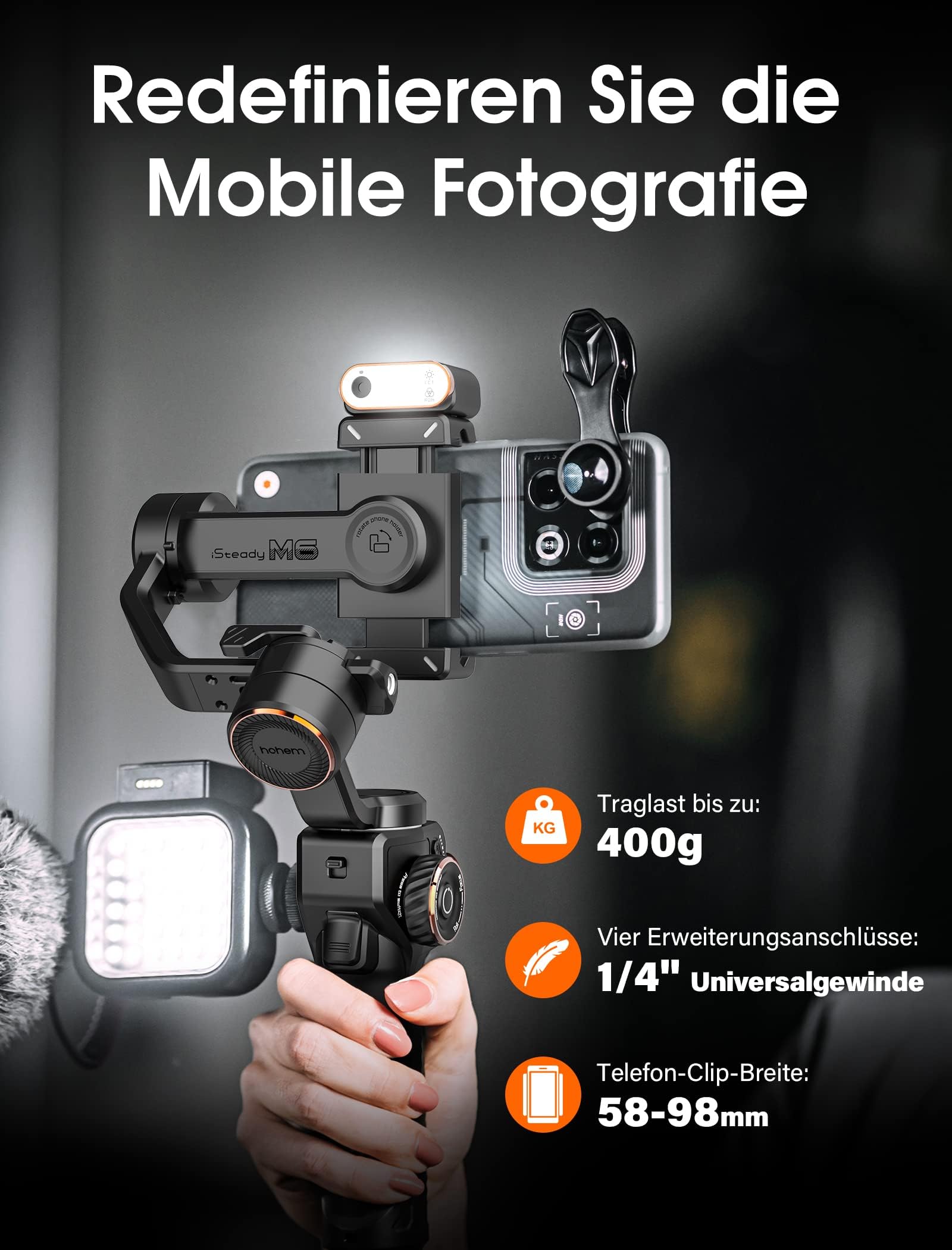 hohem iSteady M6 Kit 3-Achsen-Handy Stabilisator, Gimbal Smartphone | mit Magnetischer AI-Tracker, Einstellbares CCT/RGB-Fülllicht, 0,91 Zoll OLED-Display, Max. Nutzlast 400g, Gimbal für Volgging