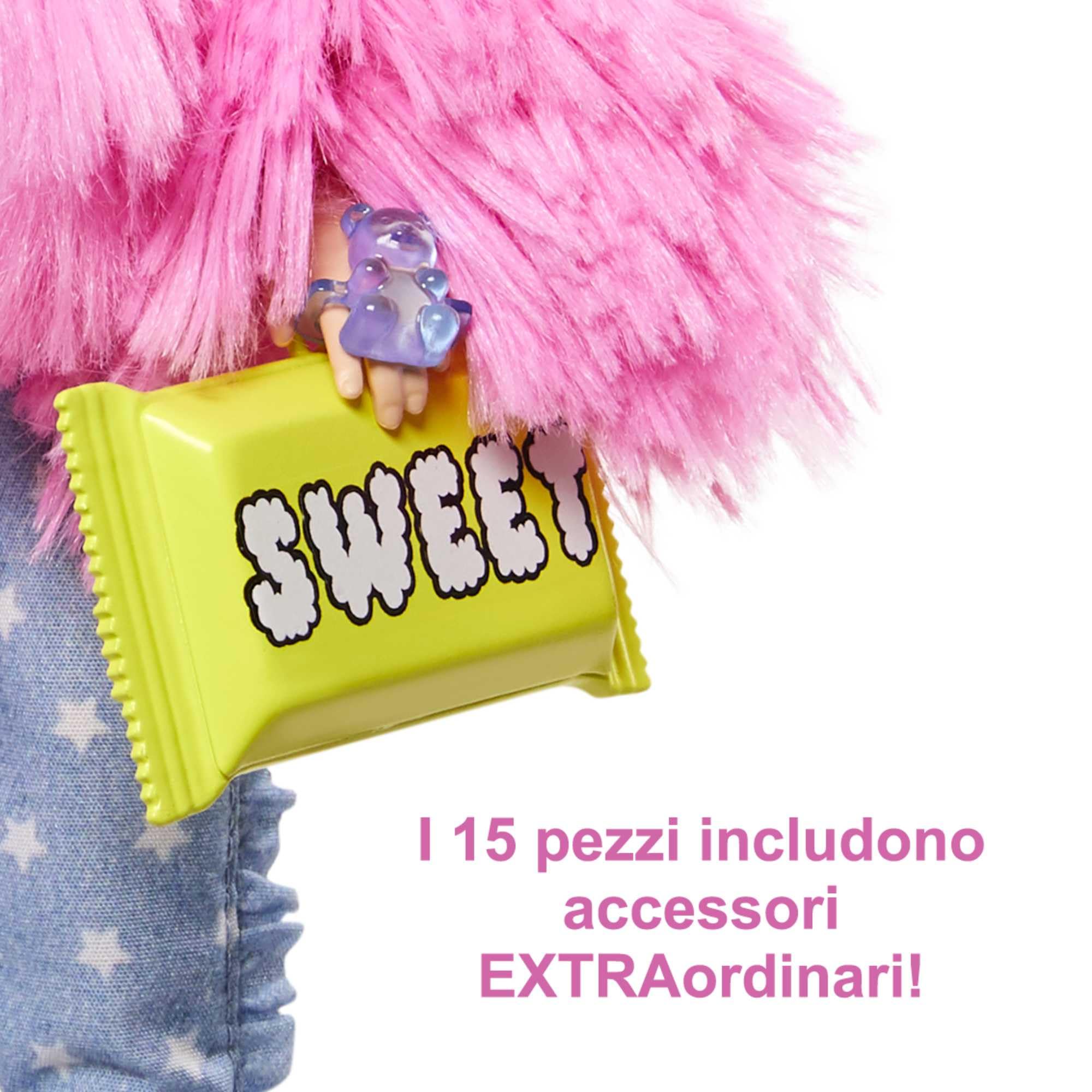Barbie Extra n.3 - Bambola Snodata con Pelliccia Rosa e Maialino-Unicorno - 15 Accessori - Look Fashion con Ciocche Rossa - Regalo per Bambini 3+ Anni, GRN28