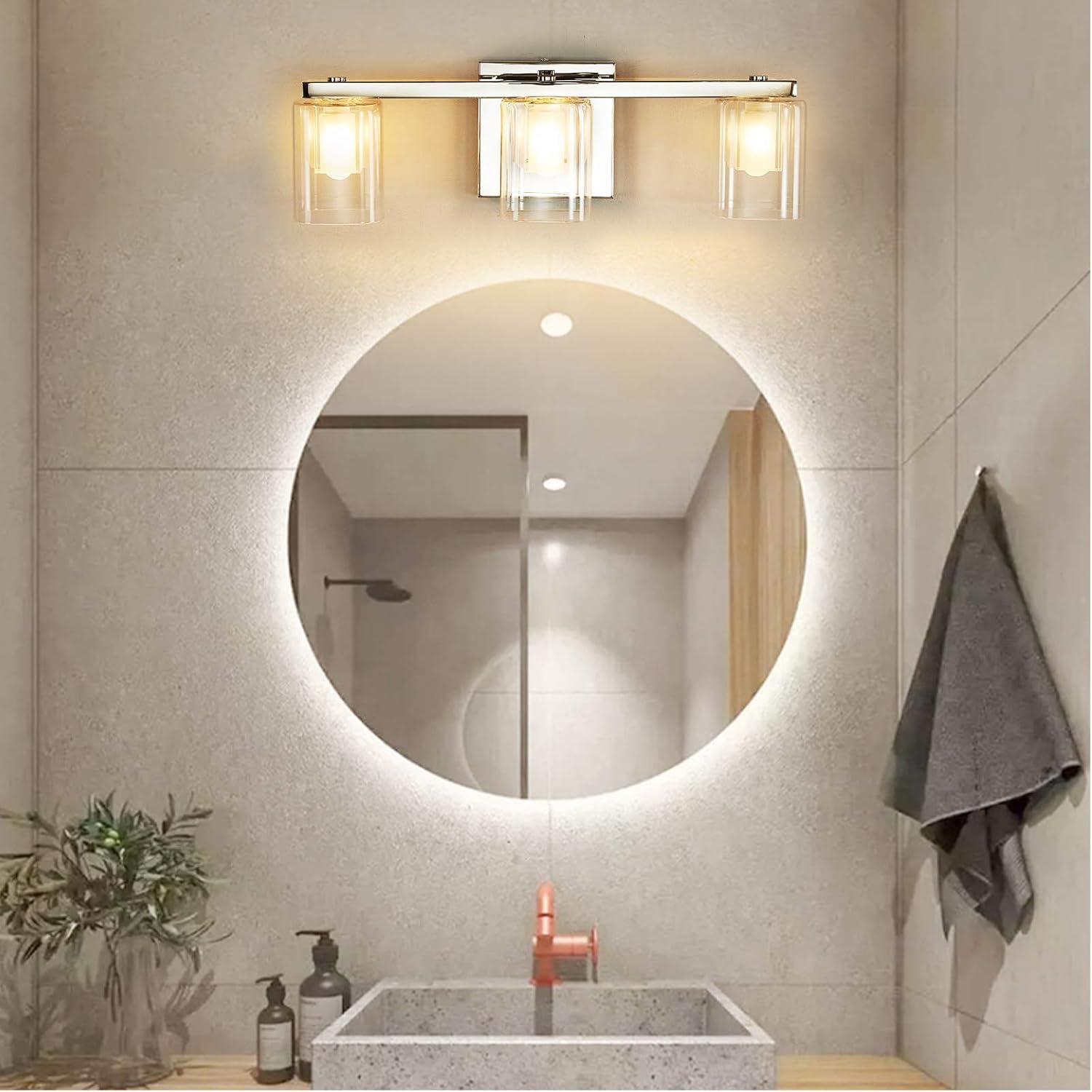 Best Cyber Monday 🔥 DRNANLIT Bathroom Vanity Light Fixtures Chrome Bath Wall Lights with Crystal+Clear Square Glass Double Layered Shade, Modern Wall Sconces Lighting for Bedroom Office Mirror Cabinets(3-Light)