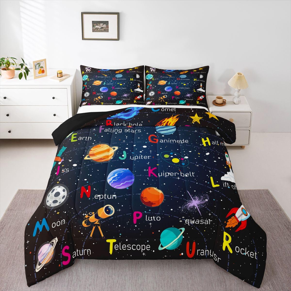 Feelyou Alphabet Outer Space Astronaut Bedding Set Queen Size, ABC Planet Comforter Set Kids Toddler Galaxy Comforter ABC Alphabet Learning Duvet Set Durable Bed Set 3Pcs