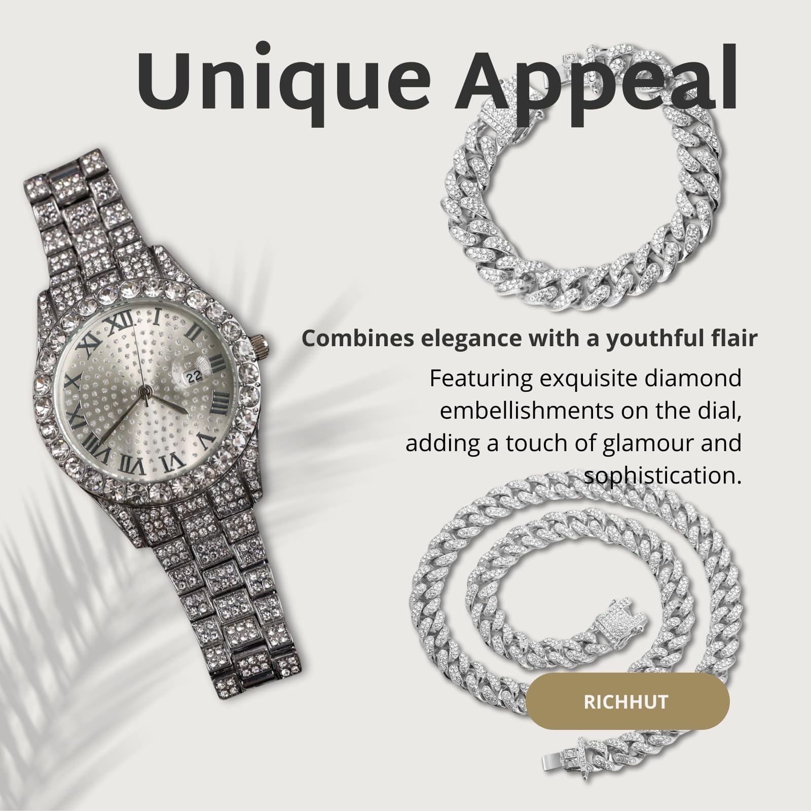 Reloj con Diamantes para Hombre Iced out Esfera Redondo Correa de 18MM Bañado en Oro Real de 18K/Oro Blanco Platino, con Cadena Cubana Opcional, Regalo para Novio Esposo