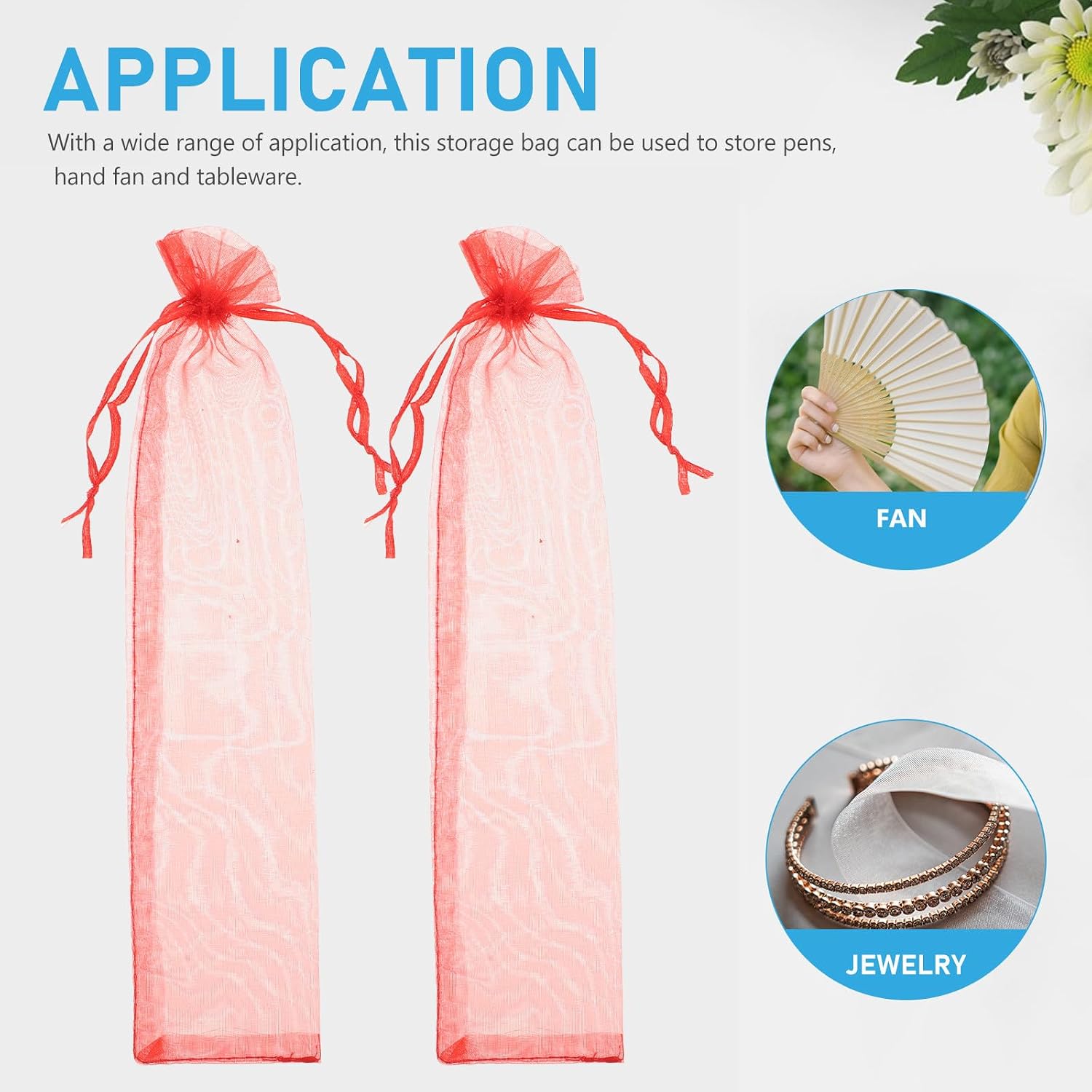 Roleader Red Organza Hand Fan Bags 50pcs Drawstring Gift Pouches image 5