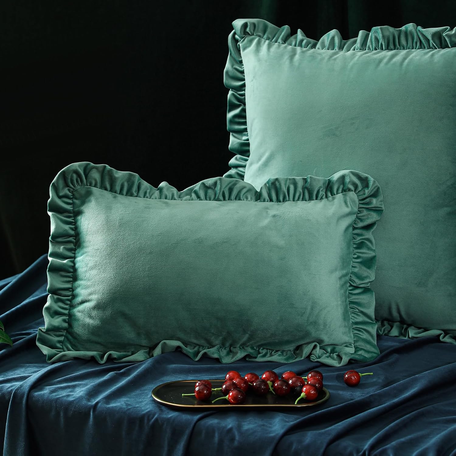 ISAENNE French Gray Blue Rectangle Throw Pillow Covers 12"x20" Set of 2, Solid Color Farmhouse Velvet Decoration Pillow Cover with Ruffles,Throw Pillow Case for Couch Sofa Bed Living Room Car