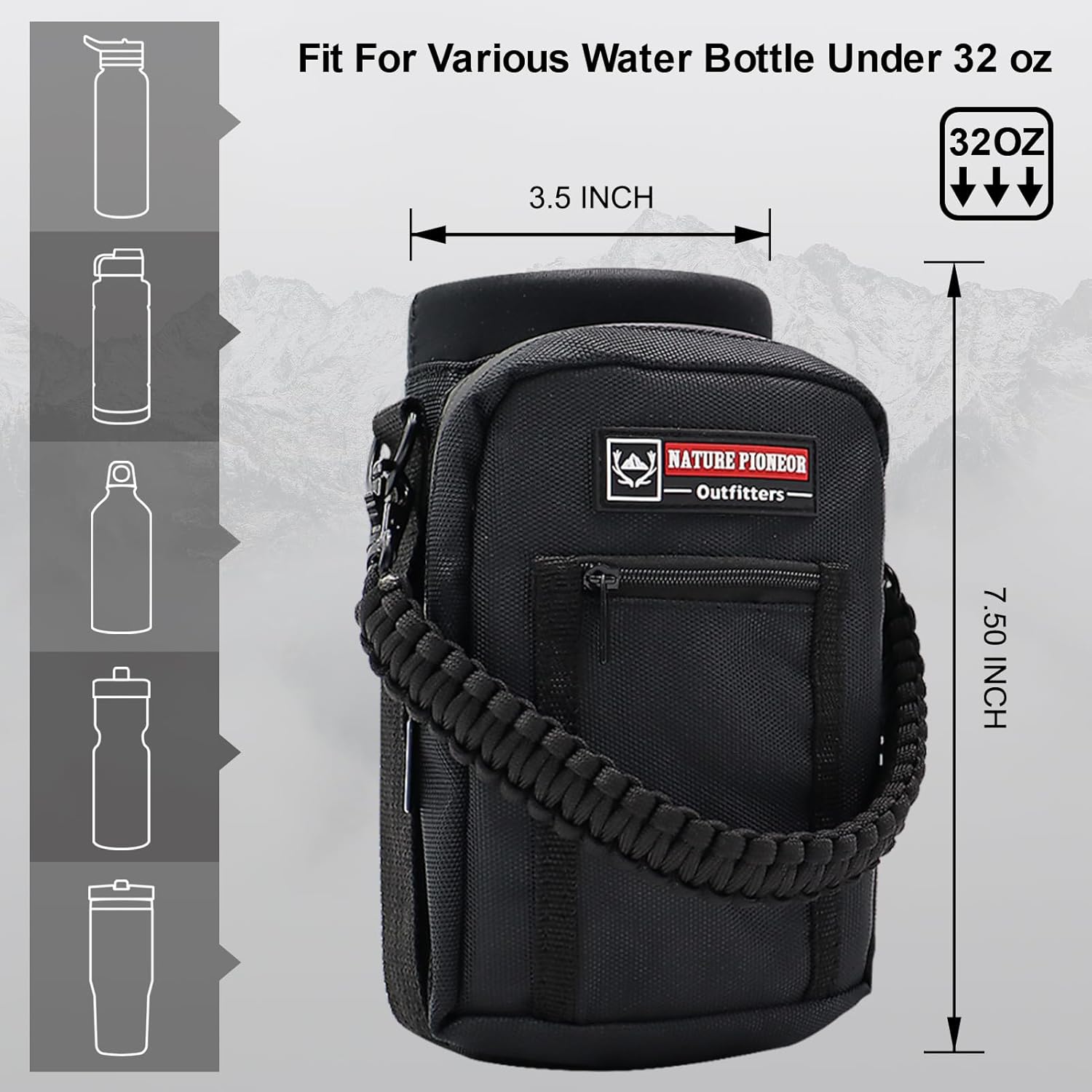 NATURE PIONEOR Water Bottle Holder with Adjustable Strap - 25/32/40oz Insulated Water Bottle Carrier Sling Sleeve with Paracord Handle & 2 Storage Pockets, Hiking, Camping, Gym - Image 2