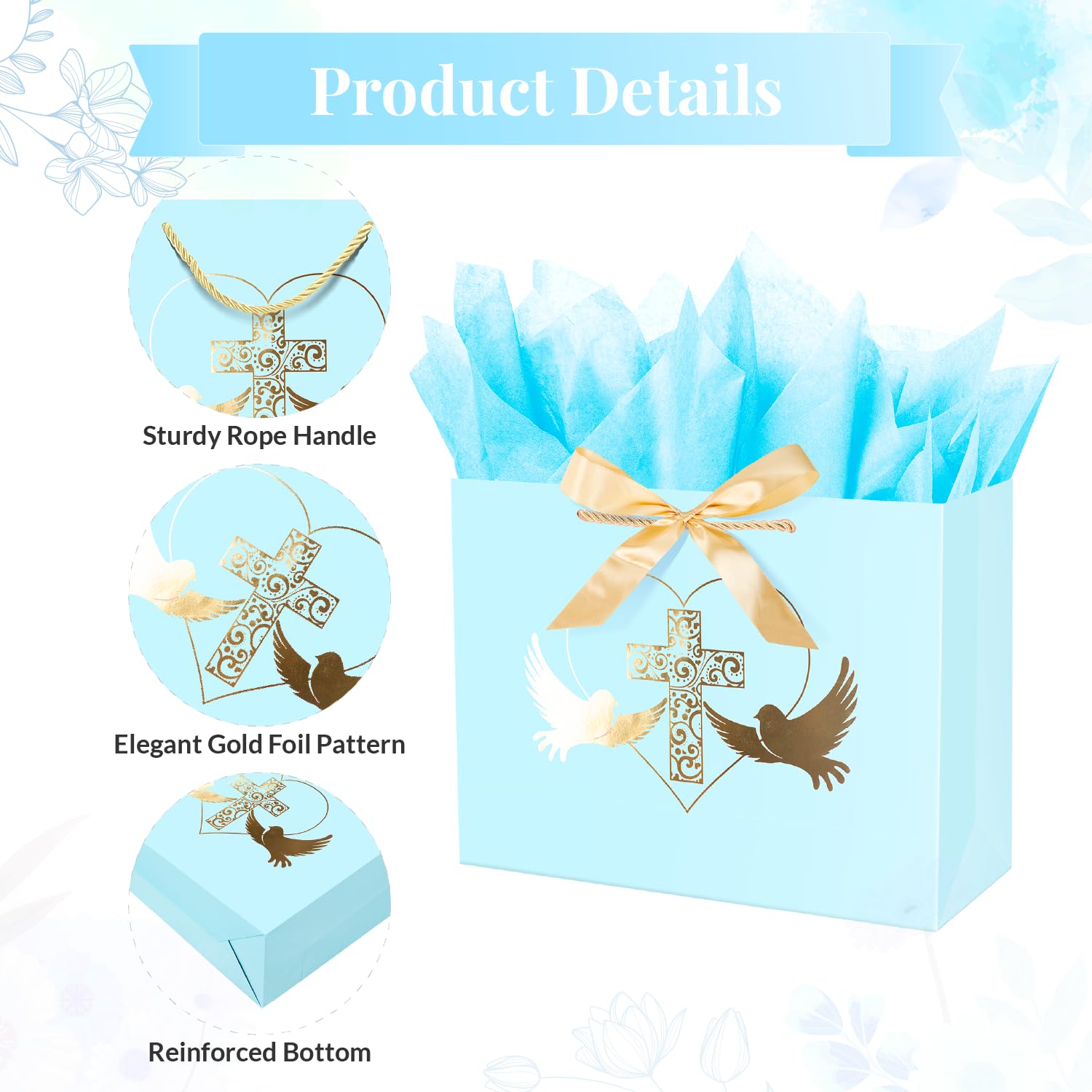 Linelglobal Baptism Gift Bag with Boy Blue Cross Gift Bag with Tissue Paper for Christenings First Communions Religious 12.6"