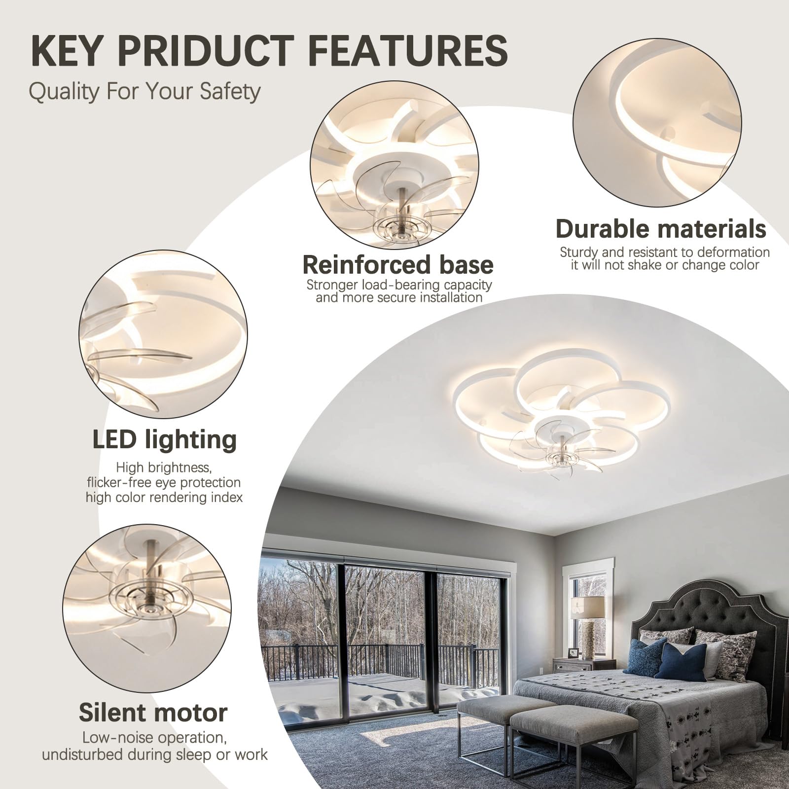 Bianco Lampadario Ventilatore LED Silenzioso Dimmerabile con APP,36W Ventilatore da Soffitto con Luce e Telecomando,6 Velocità,Reversibili,Timer,per Camere da Letto e Soggiorni
