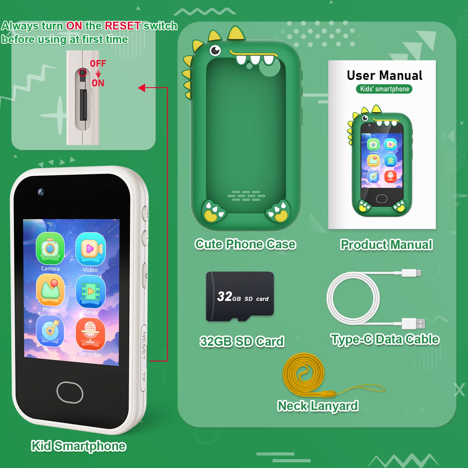 Teléfono inteligente para niños – Teléfonos para niños de 3 a 10 años, pantalla táctil HD de 2.8 pulgadas, cámara dual HD, regalo de cumpleaños de Navidad, juguete de dinosaurio, tarjeta SD de 9