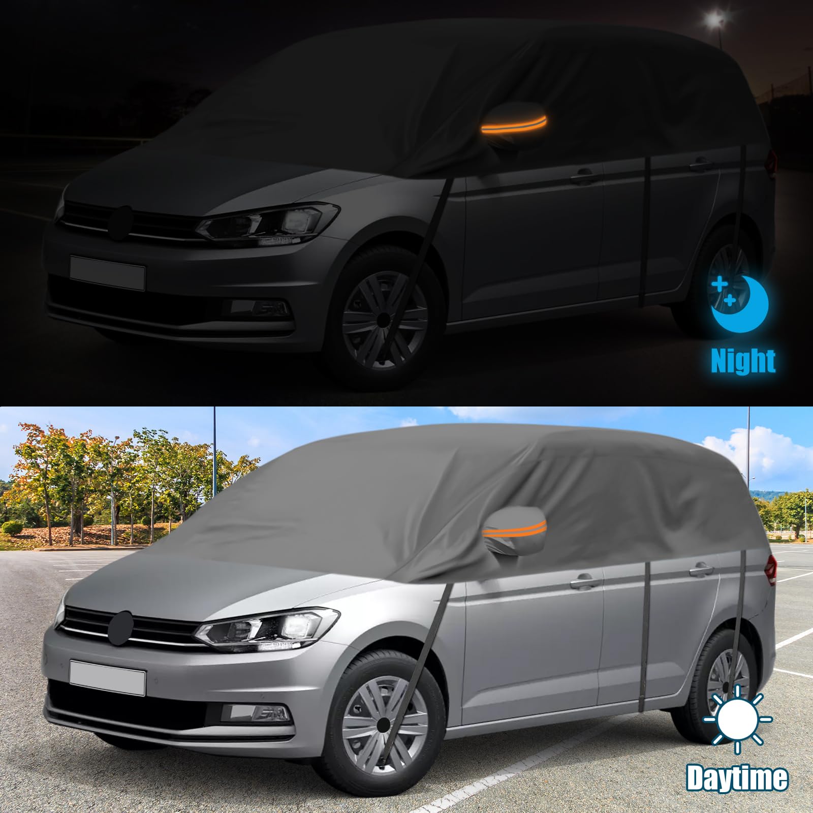 Autoabdeckung Wasserdicht Ersatz für VW Touran 2015-2024, Sonnenfest Hälfte Autoabdeckung, Halbgarage UV Beständige Halbe Auto Abdeckplane Staubdicht Schneefest Outdoor Indoor