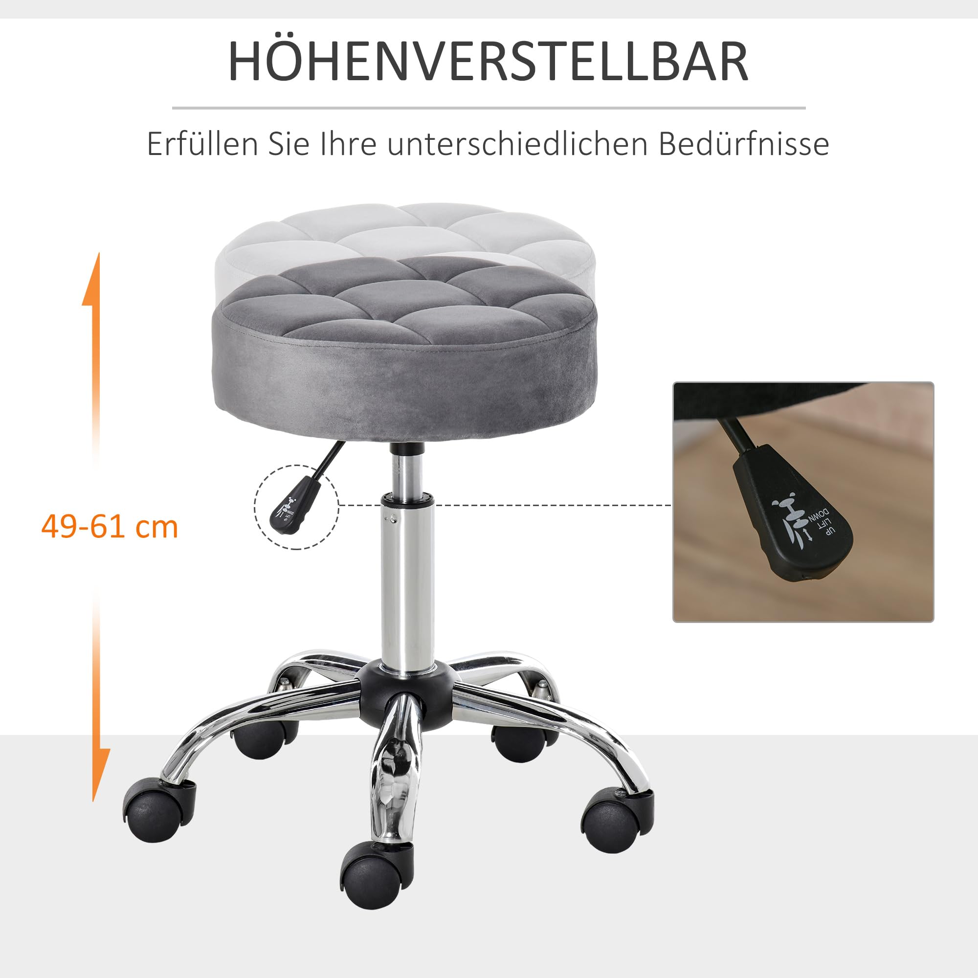 HOMCOM Salonstuhl mit Rädern Höhenverstellbar 35 x 35 x 49-61 cm Hellgrau