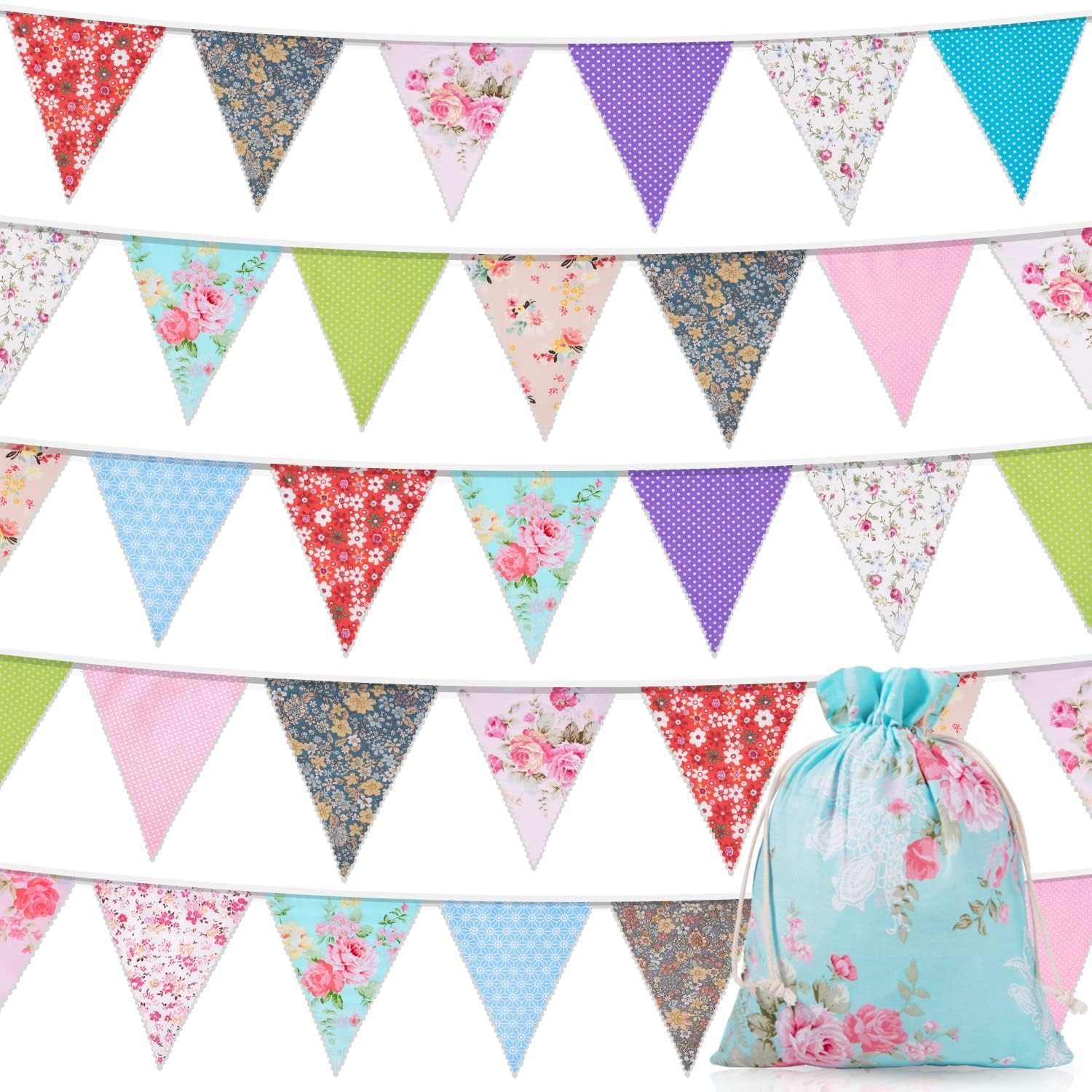 Alintor 46 Flags 45.9ft Fabric Bunting + Drawstring Bag, Ve Day Bunting, Vintage Birthday Bunting, Floral Bunting, Bunting Flags for Garden, Party, Outdoor, Afternoon Tea, Easter Decorations