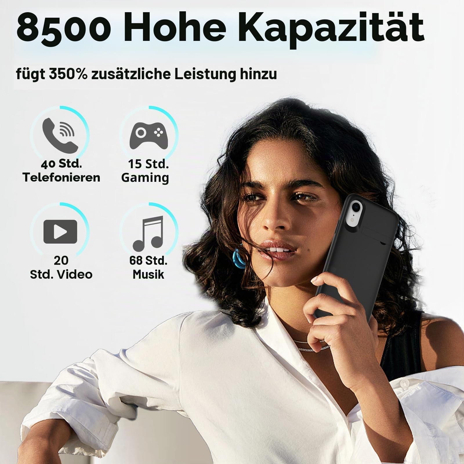 Akkuhülle für iPhone XR, 8500mAh schlanke wiederaufladbare Hülle mit erweiterter Ladefunktion Powerbank mit Standfuß, tragbare Schutzhülle mit Akku für iPhone XR, 6,1 Zoll – Schwarz