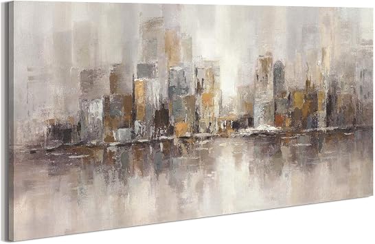 City Canvas Wall Art Picture Modern Abstract Skyline Scene Cityscape Painting Decor Contemporary Downtown Urban Landscape Print Horizontal Skyscraper Buildings Artwork for Living Room Bedroom Office