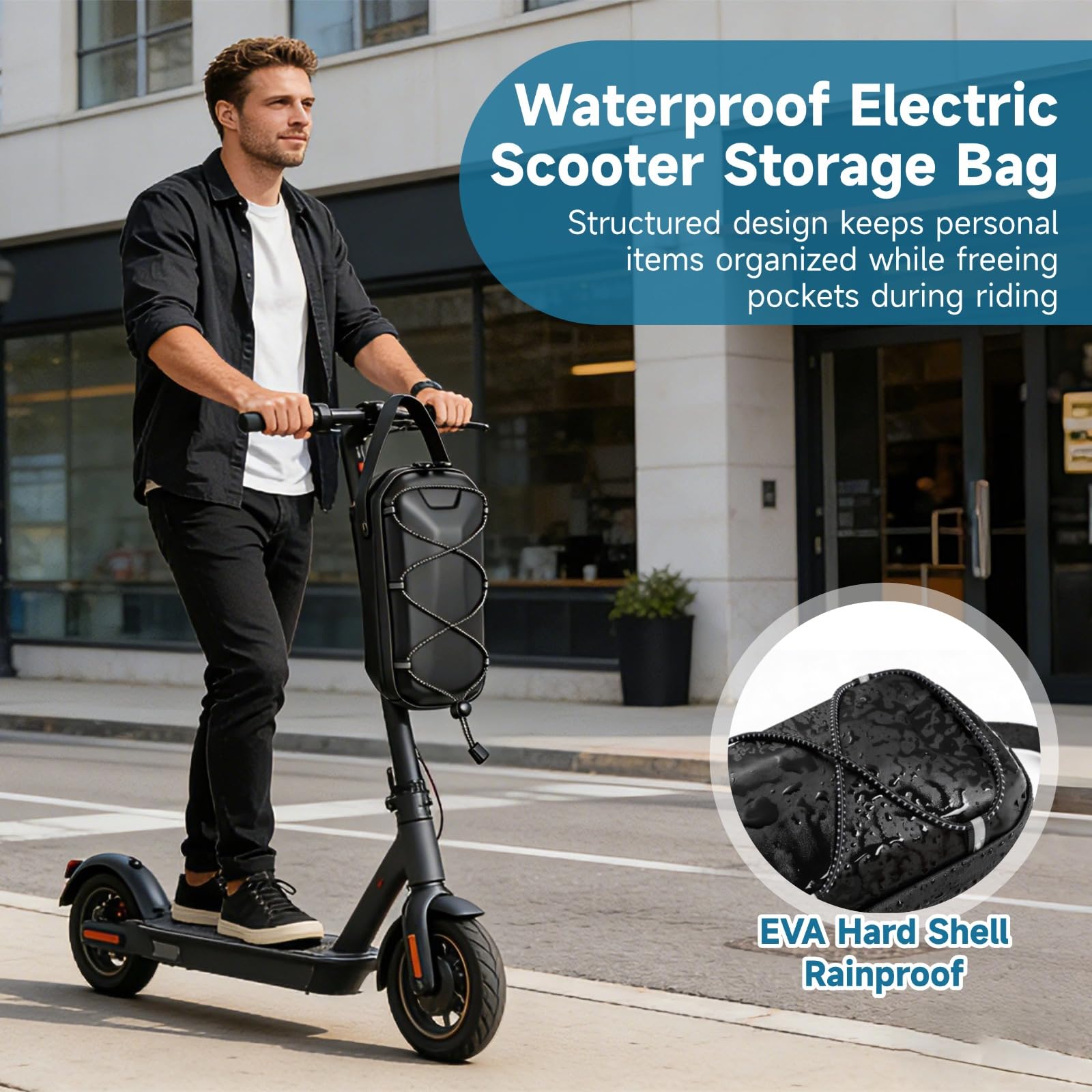 Sac de Rangement Trottinette électrique 3 L, Sac Guidon Coque Rigide EVA, Zips dissimulés, Organiseur Frontal pour téléphone, Chargeur, Outils, Pochette Accessoires pour vélo électrique